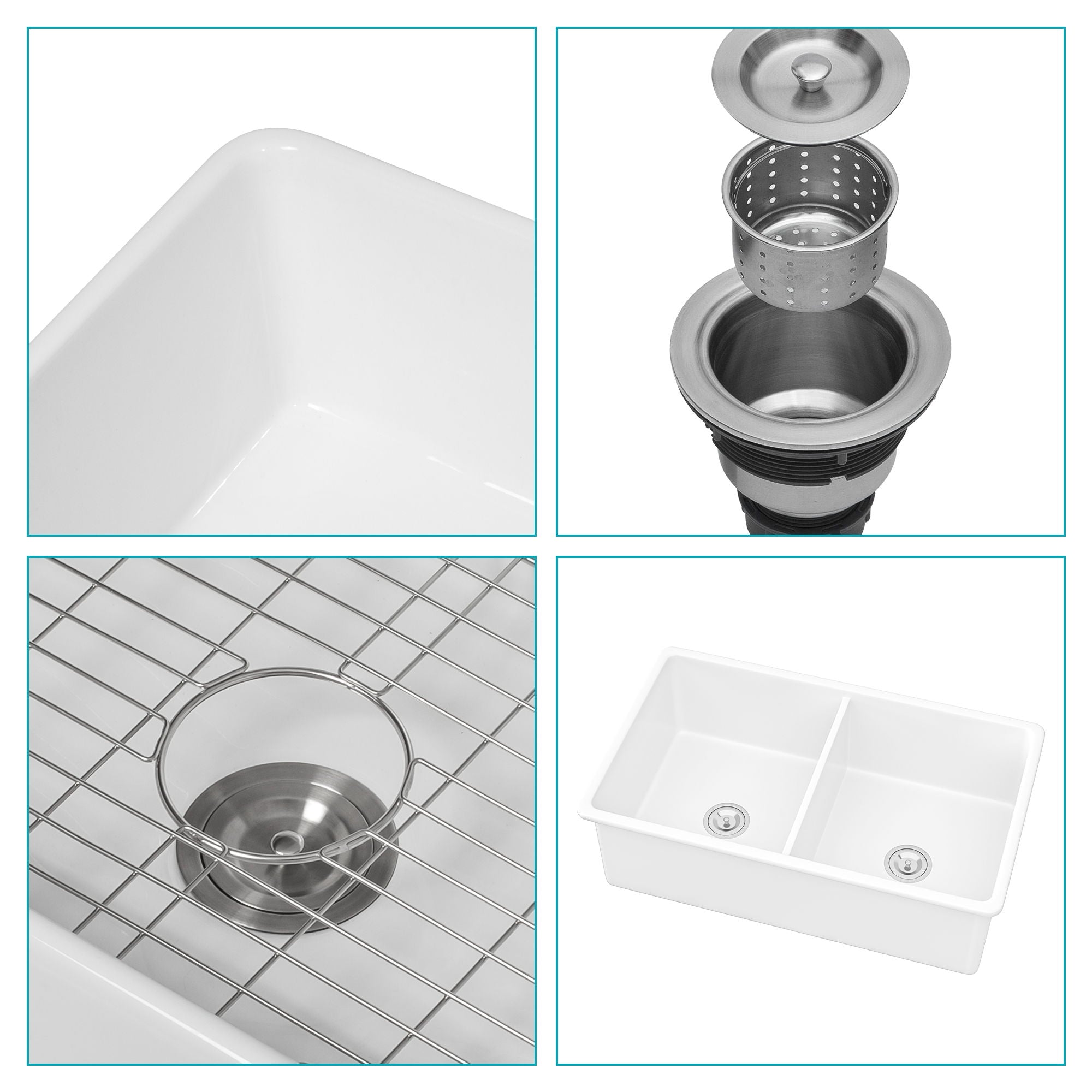 Elegant Dual Mount 32" Undermount Double Bowl Ceramic Kitchen Sink - White