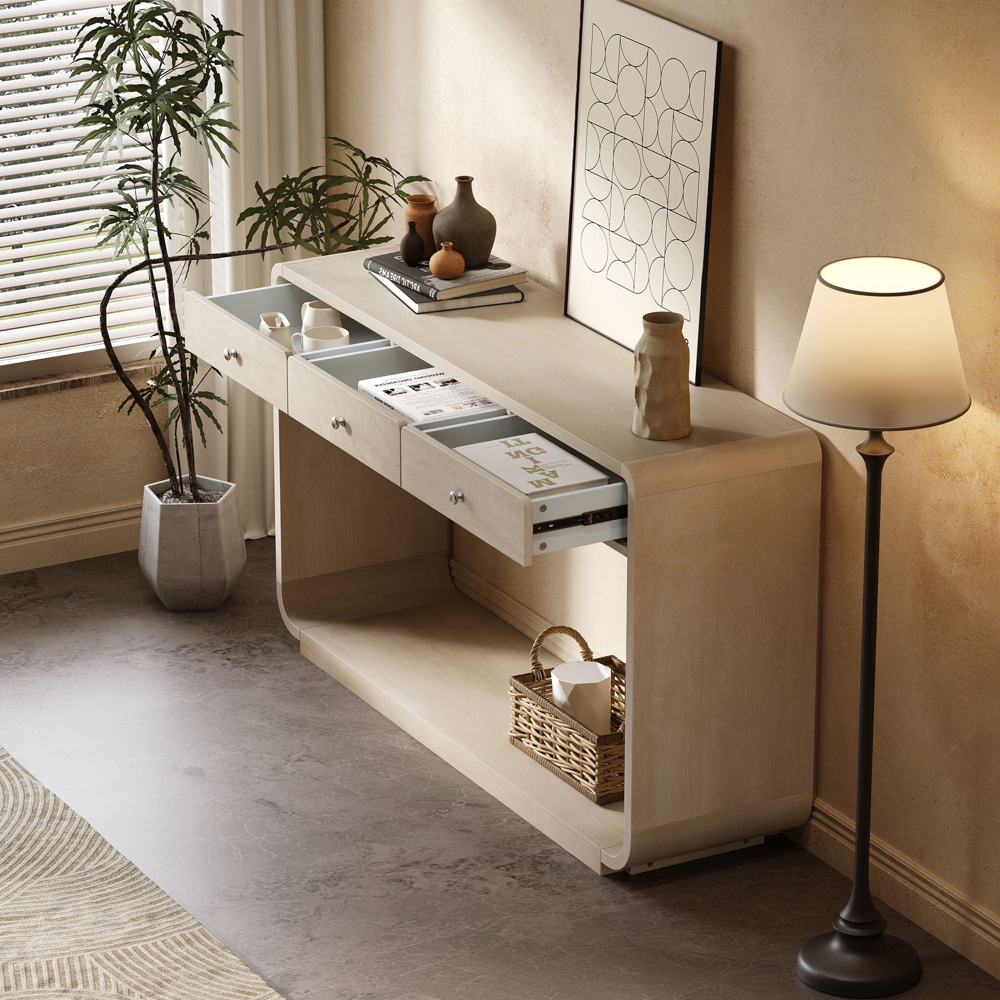 onsole Table With 3 Drawers And Display Shelf