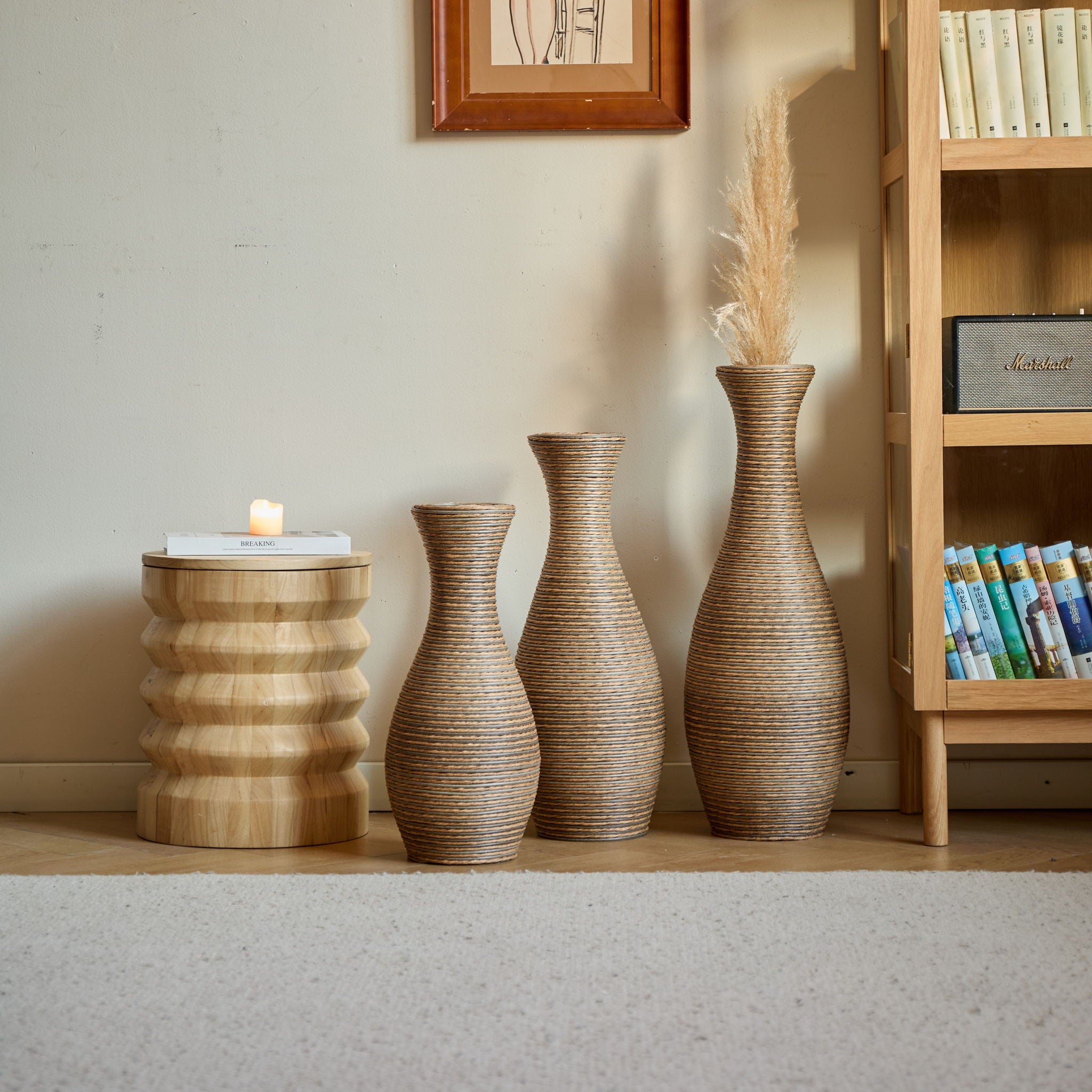 3 Piece Artificial Rattan Floor Vase Set Decorative Accent For Living Room, Hallway & Entryway, Ideal For Dried Or Silk Flower Arrangements - Beige