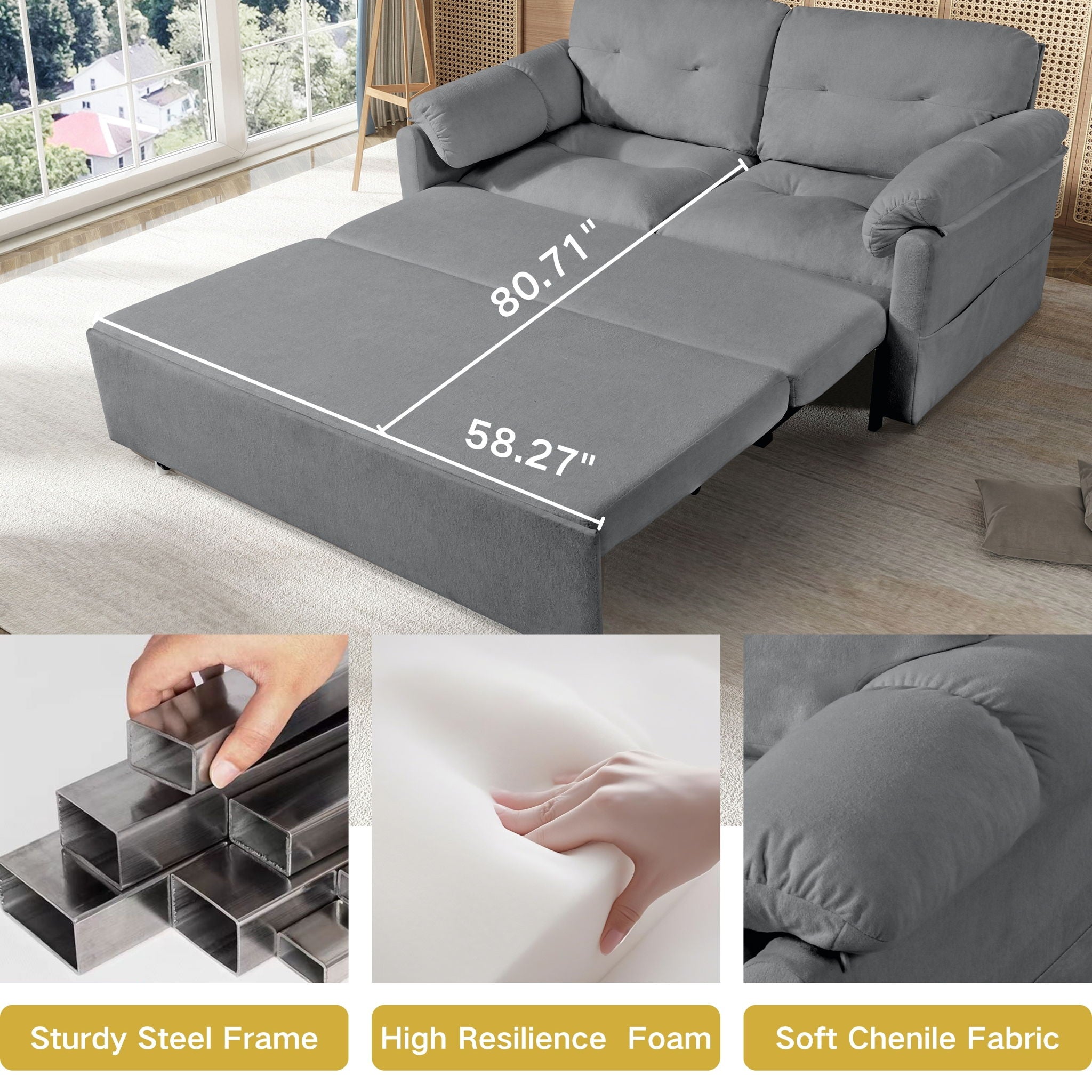 Convertible Pull Out Sofa Bed Queen Size, 3 In 1 With Side Storage