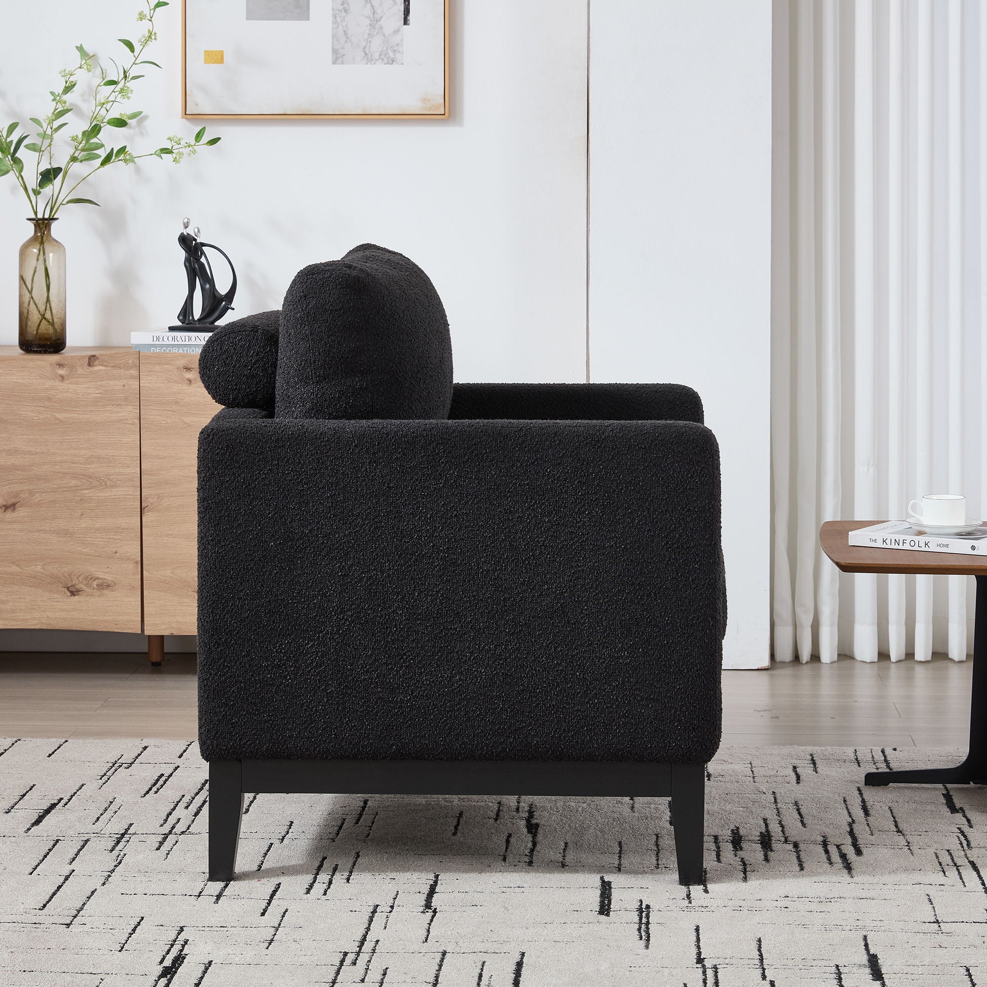 Wide Modern Farmhouse Performance Accent Chair With Legs, Wood Base