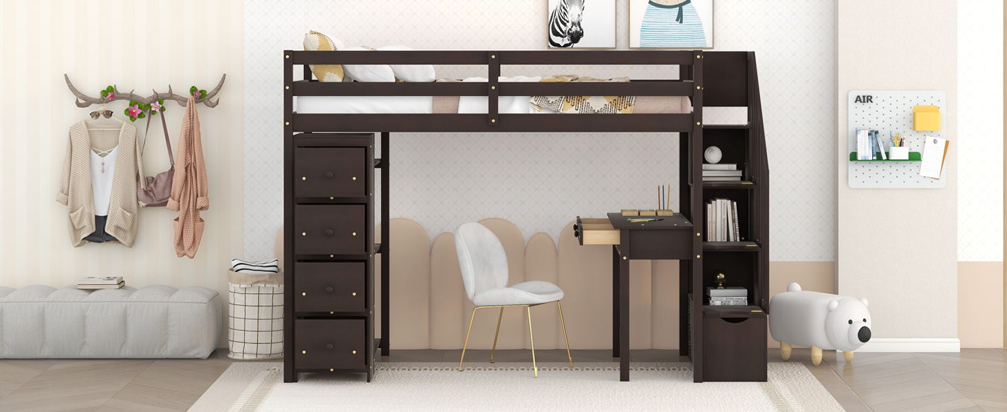 Loft Bed With Storage Drawers, Desk And Stairs With Shelves