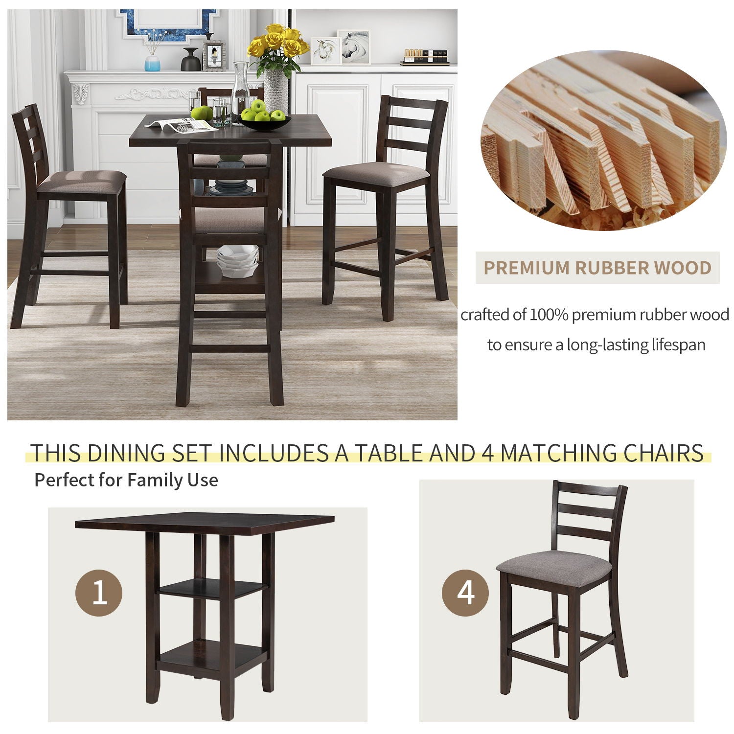 5 Piece Wooden Counter Height Dining Set With Padded Chairs, Storage Shelving