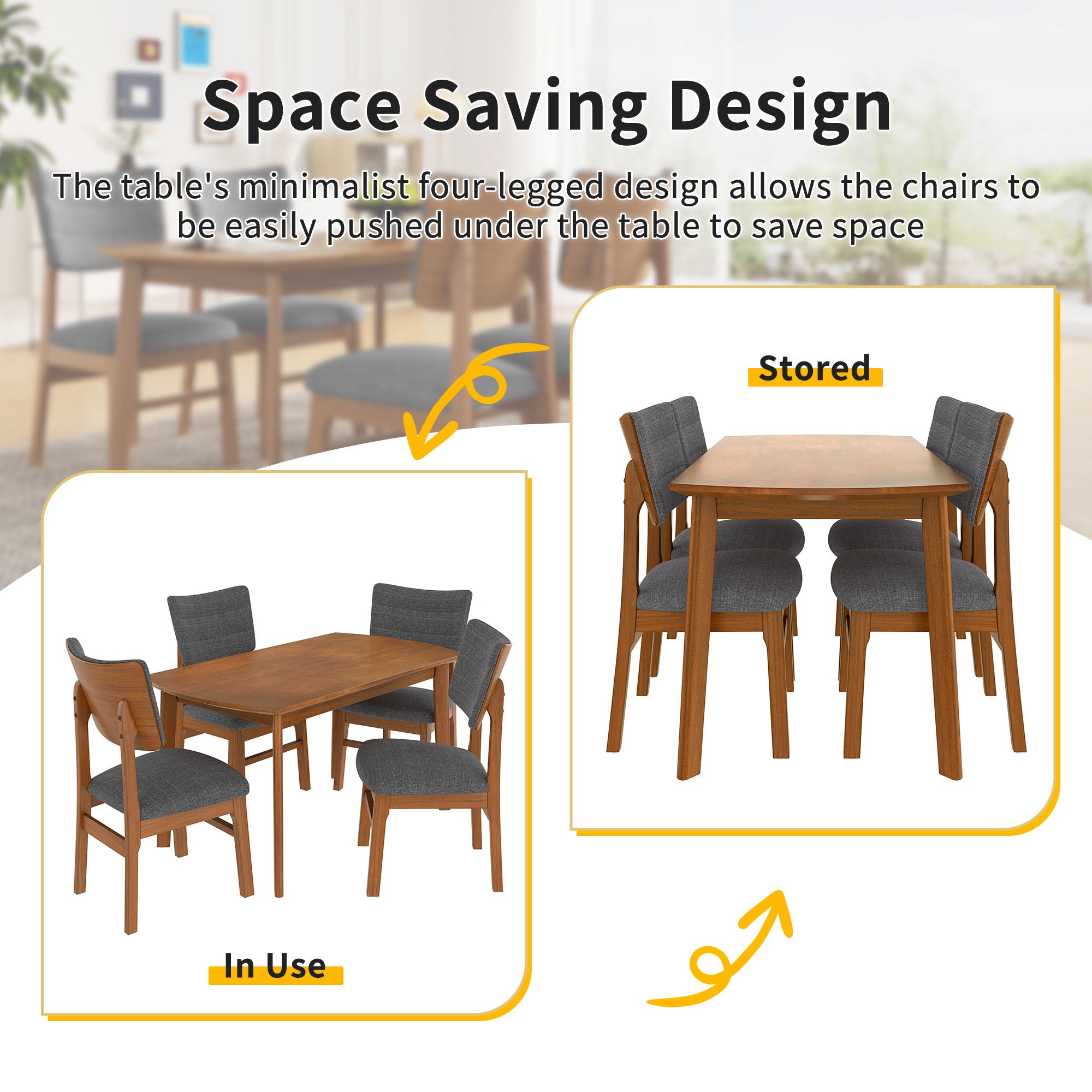 Mid Century Modern Dining Table Set For 4, Solid Wood Dining Table And Solid Wood Chairs, 5 Pieces Farmhouse Dining Table And 4 Upholstered Chairs - Brown / Gray