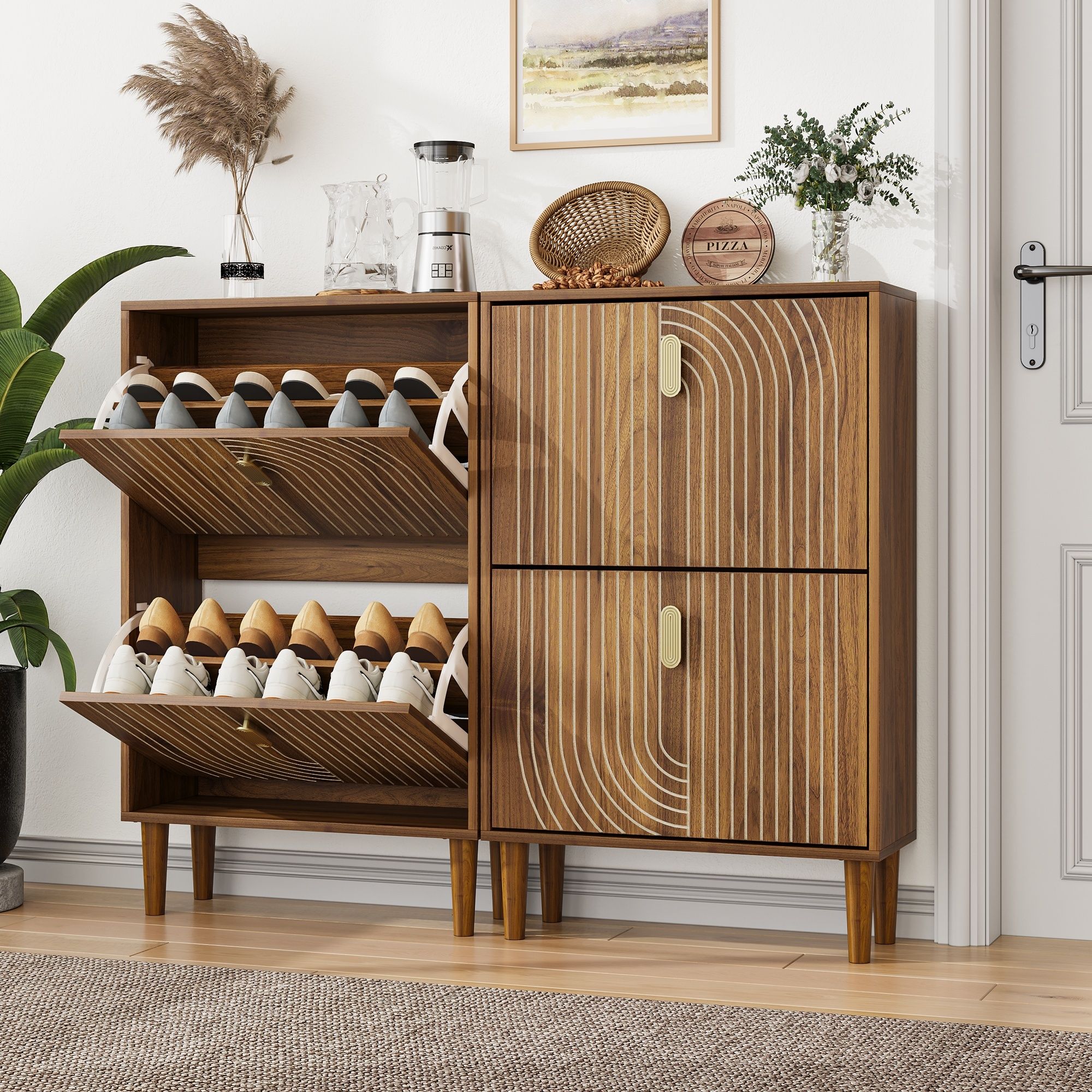 Modern Minimalist Shoe Storage Cabinet With 2 Flip Drawers And Metal Handles - Brown