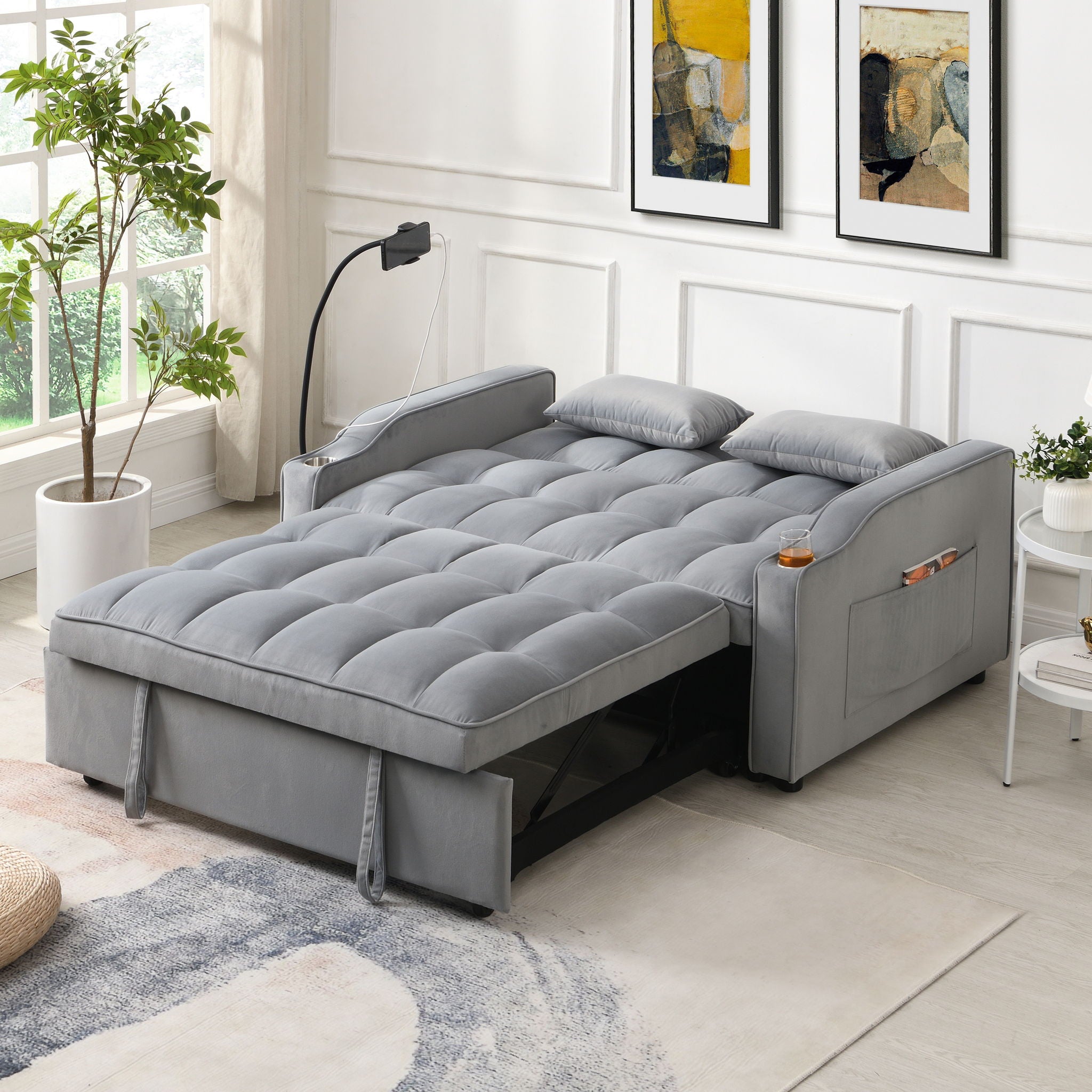 Modern Loveseat Futon Sofa With Pullout Bed, Adjustable Reclining Backrest, Toss Pillows