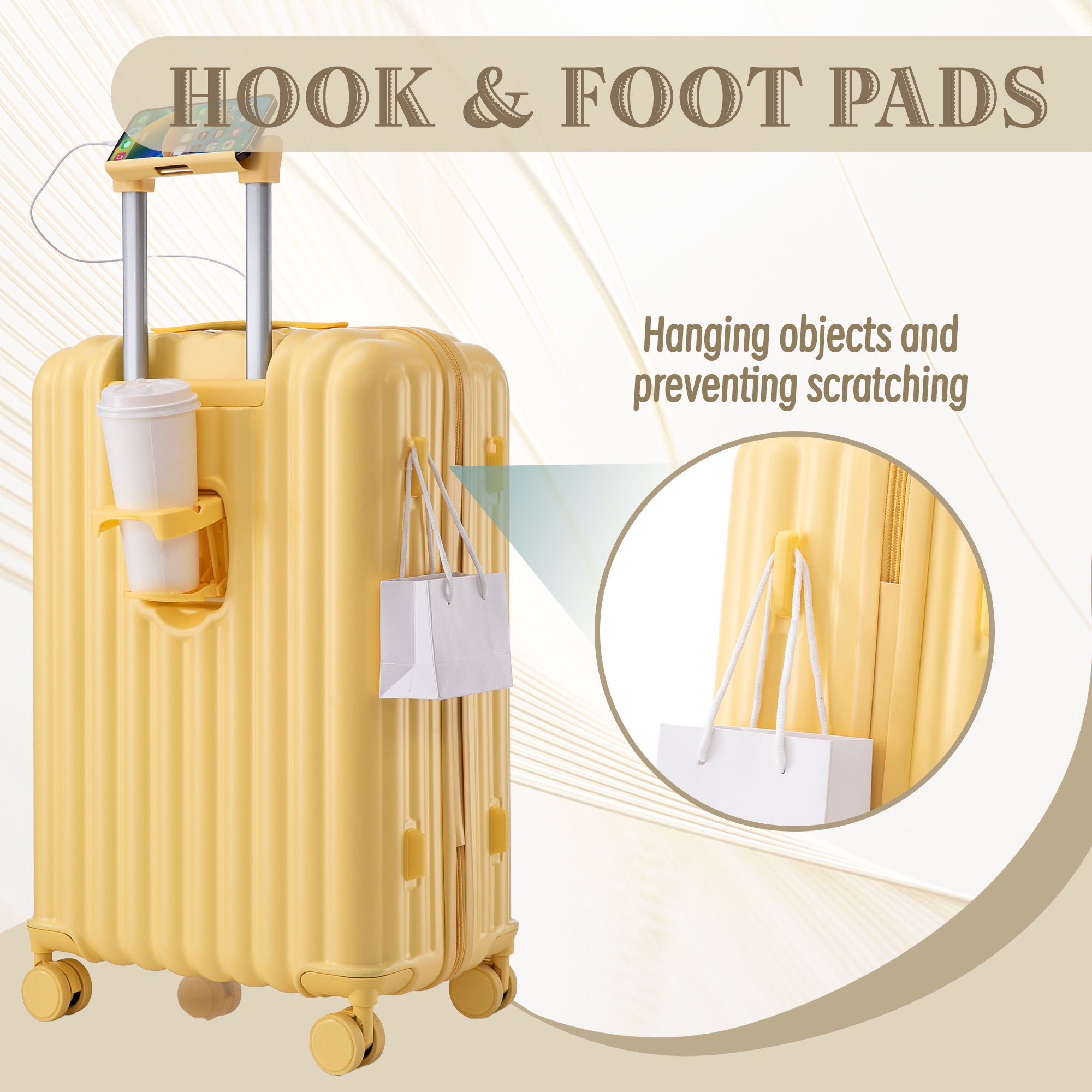 20" / 24" / 28" 3 Pieces / Set Spinner Wheel Luggage, Carry On Suitcase, With Cup Holder & USB Port & Phone Holder