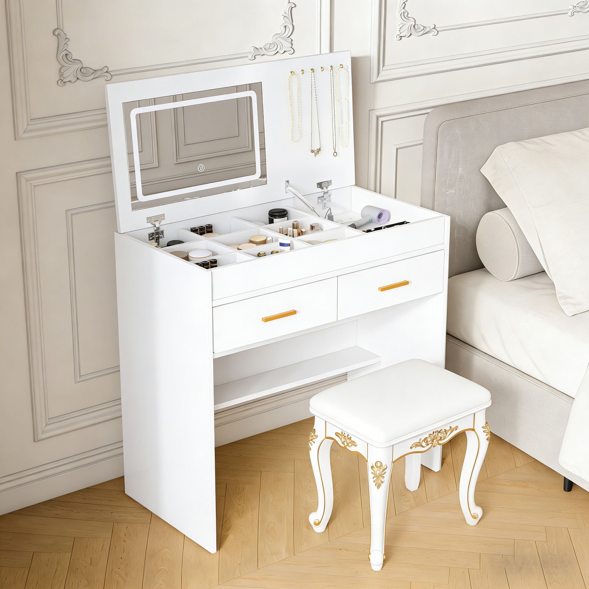 Flip Top Vanity Desk With LED Mirror & Outlet Makeup Table With 2 Drawers, Open Storage, And Jewelry Hooks - White