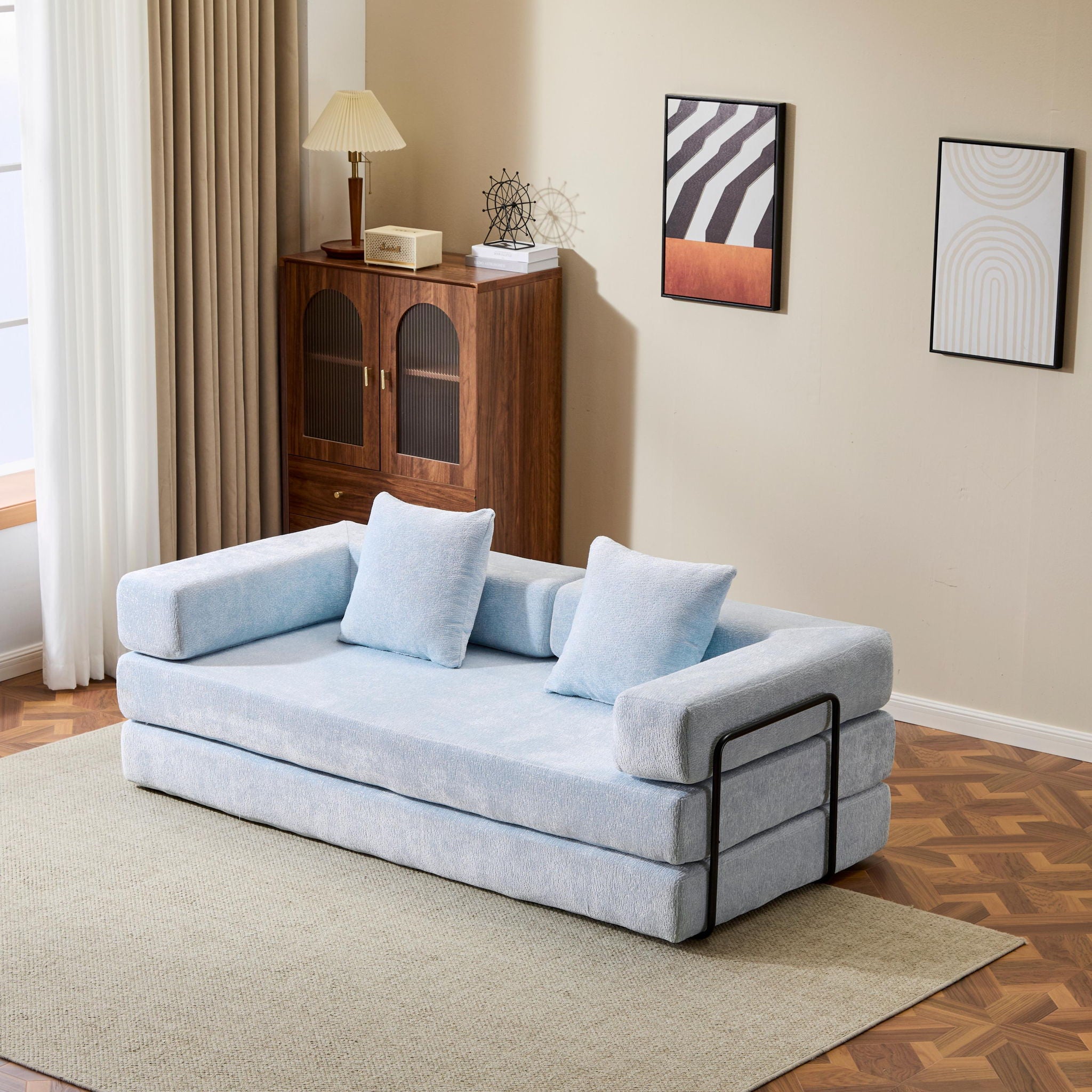 Convertible Floor Sofa Bed With Pillow Back Support Armrest