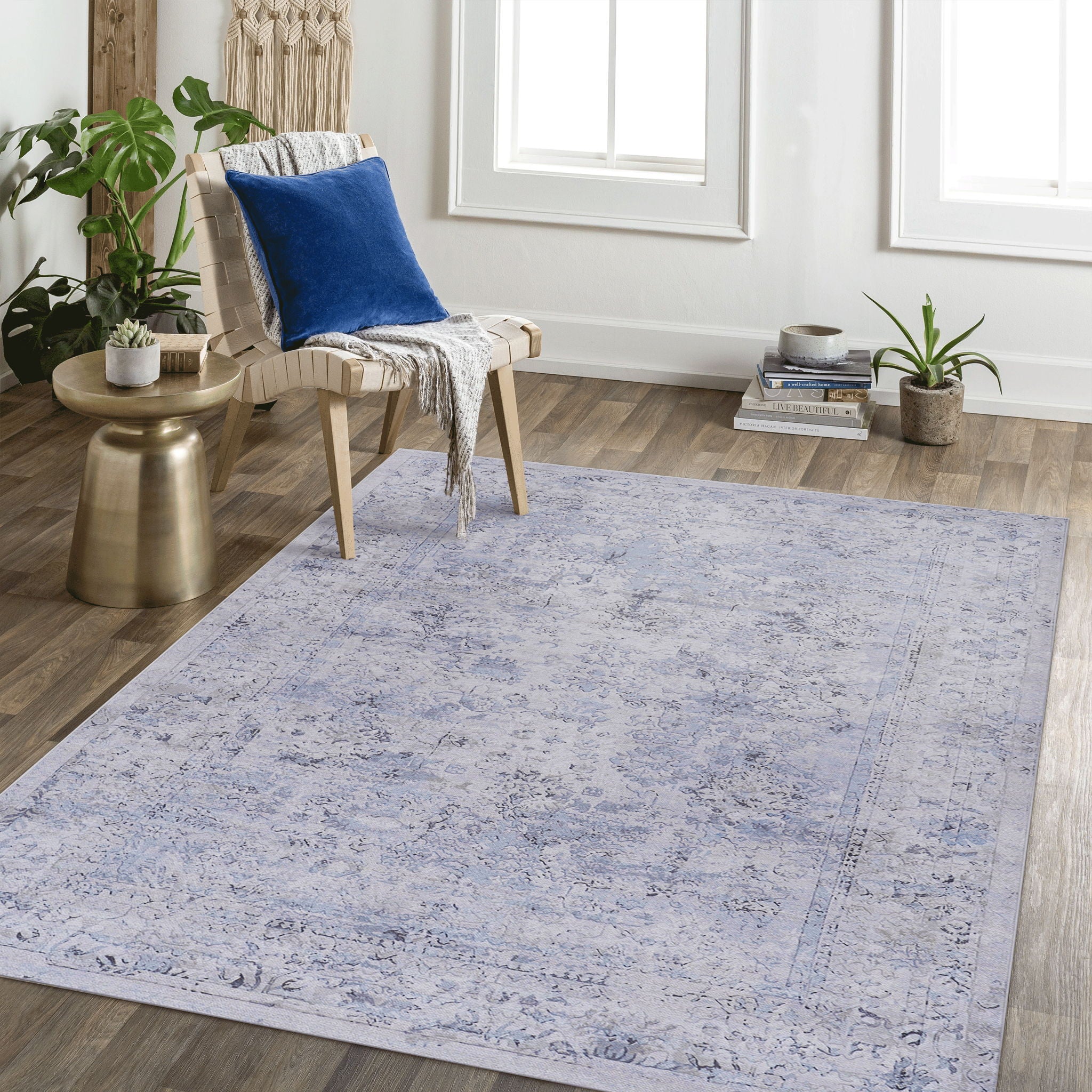 Maval - 8' X 10' Washable Area Rug - Blue / Cream