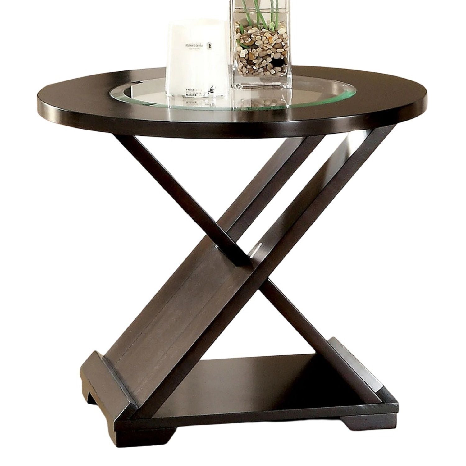Coffee Table With Cross Design Base, Beveled Glass Top - Espresso