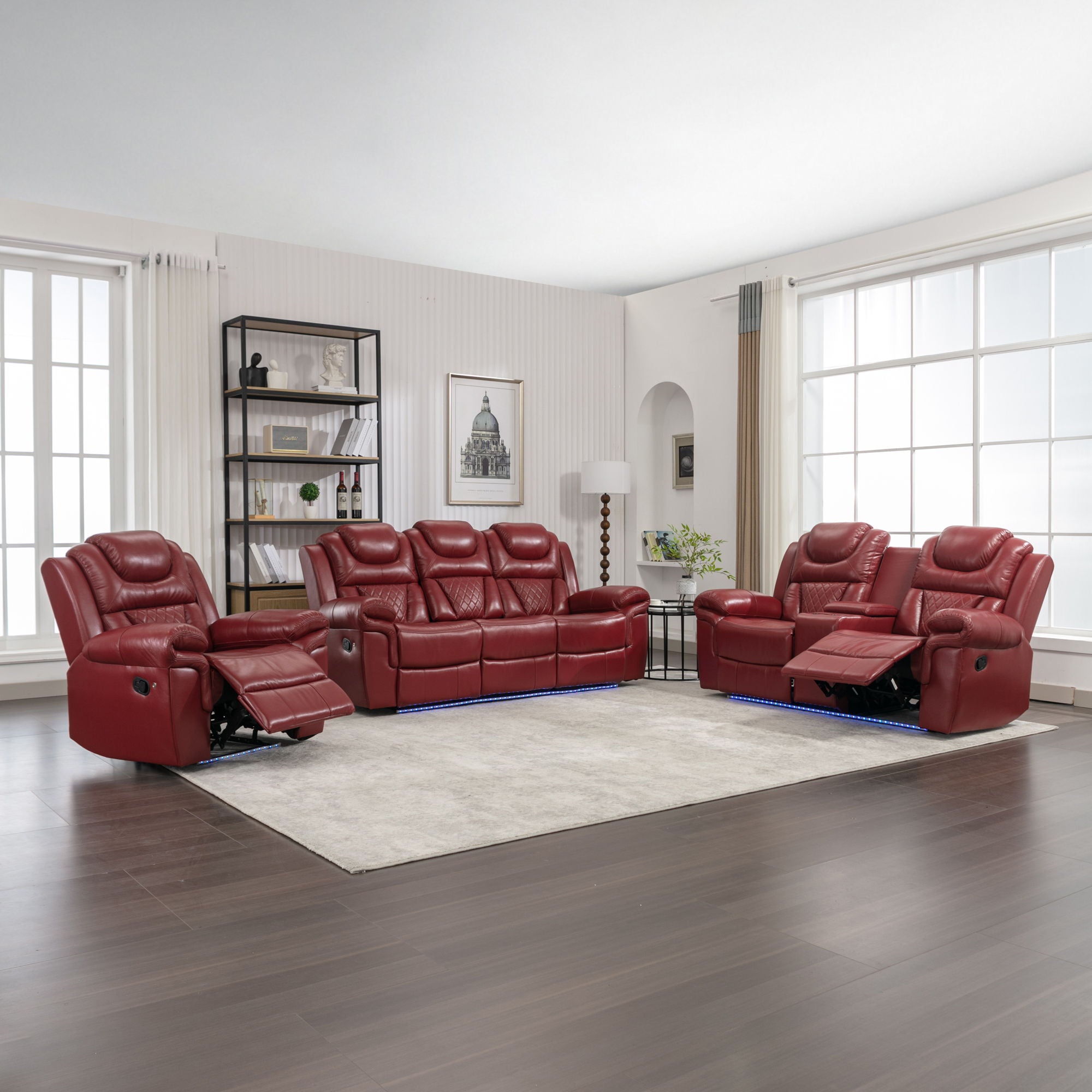 3 Pieces Recliner Sofa Sets Home Theater Seating Manual Recliner Chair With Center Console And LED Light Strip For Living Room