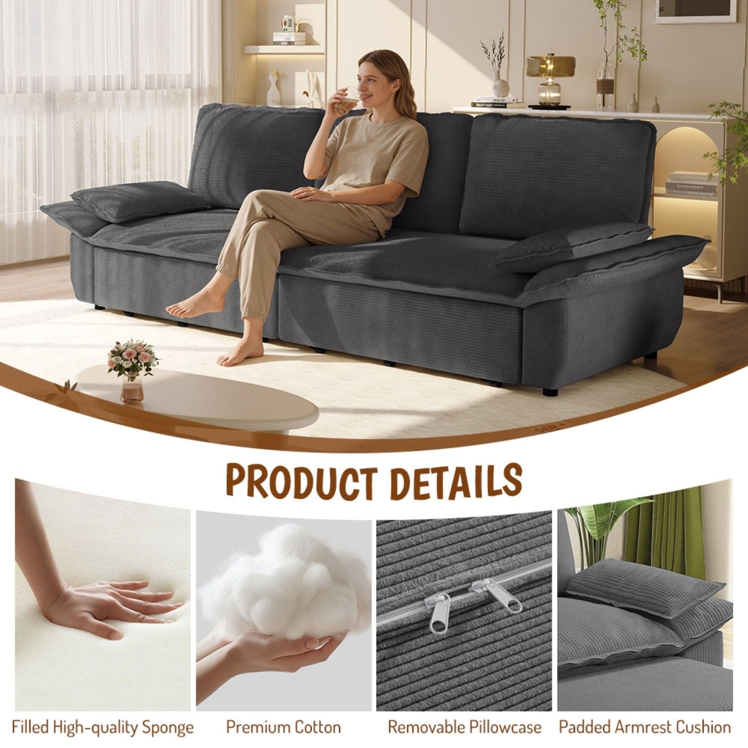 King Size Pull Out Sofa Bed, 3 In 1 Convertible Multifunctional