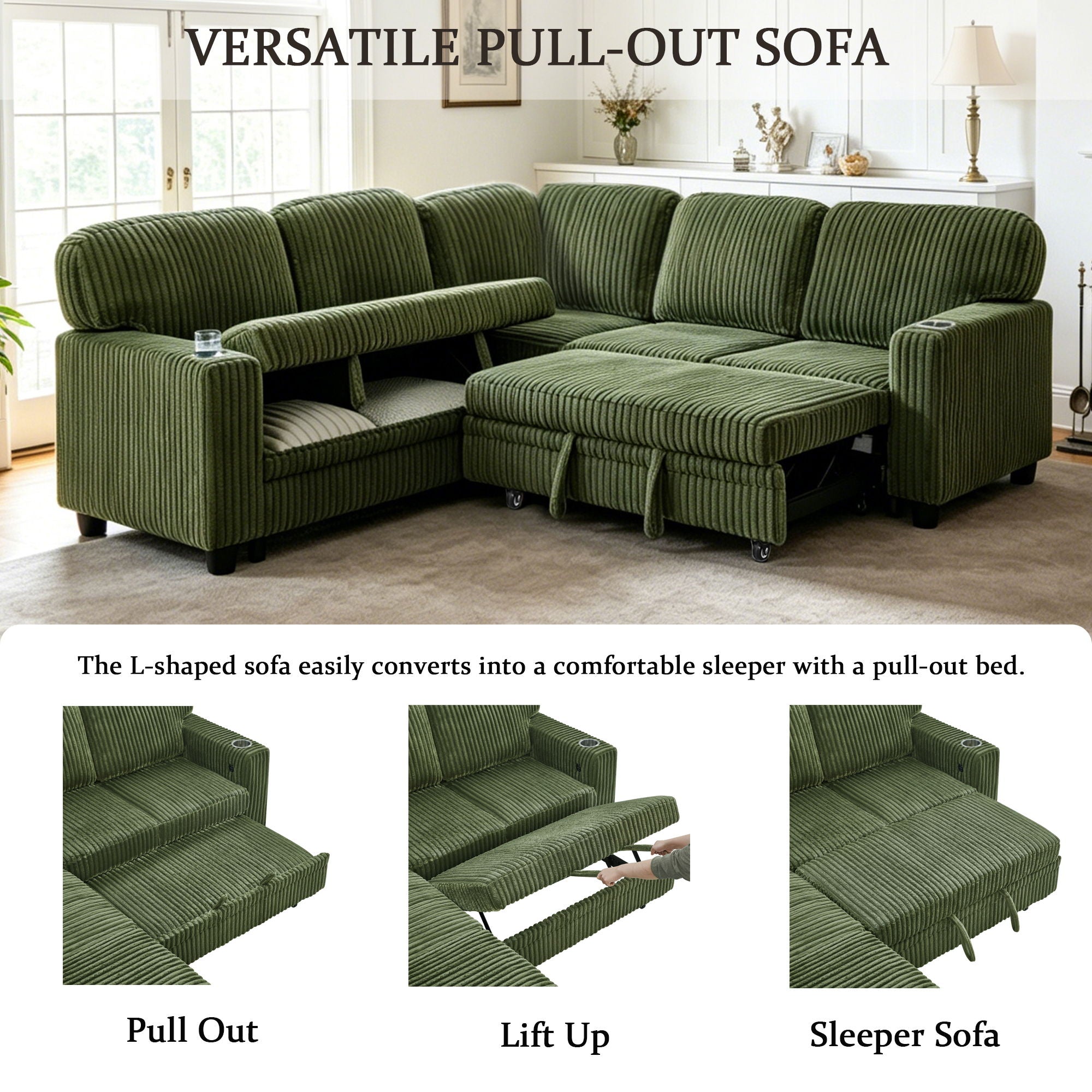 L-Shaped Sofa With Pull Out Sofa Bed With USB