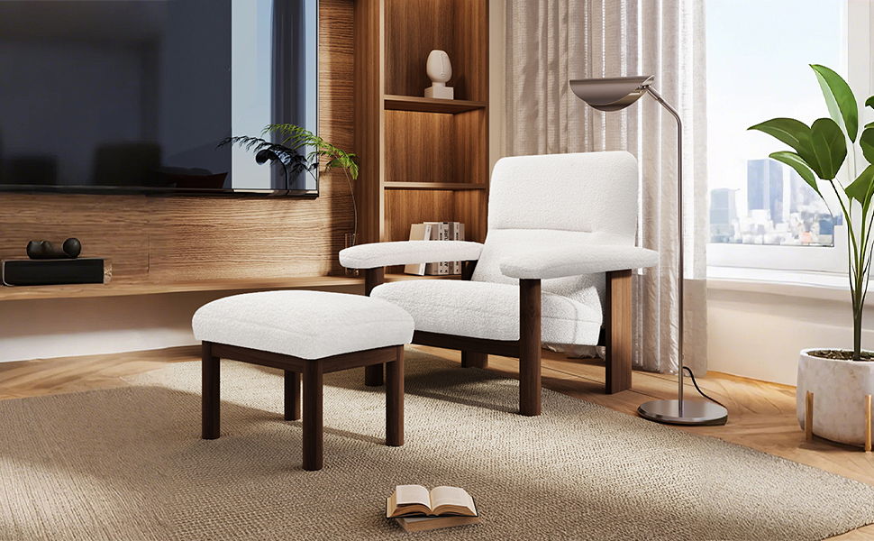 Modern Accent Chair With Ottoman, Mid Century Lounge Chair With Footrest, Comfy Fabric Armchair Upholstered Set With Solid Wood Frame For Living Room - White