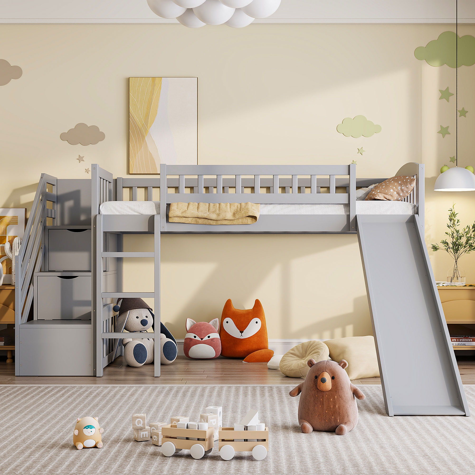 Loft Stairway Bed With 2 Drawers, Convertible Ladder And Slide