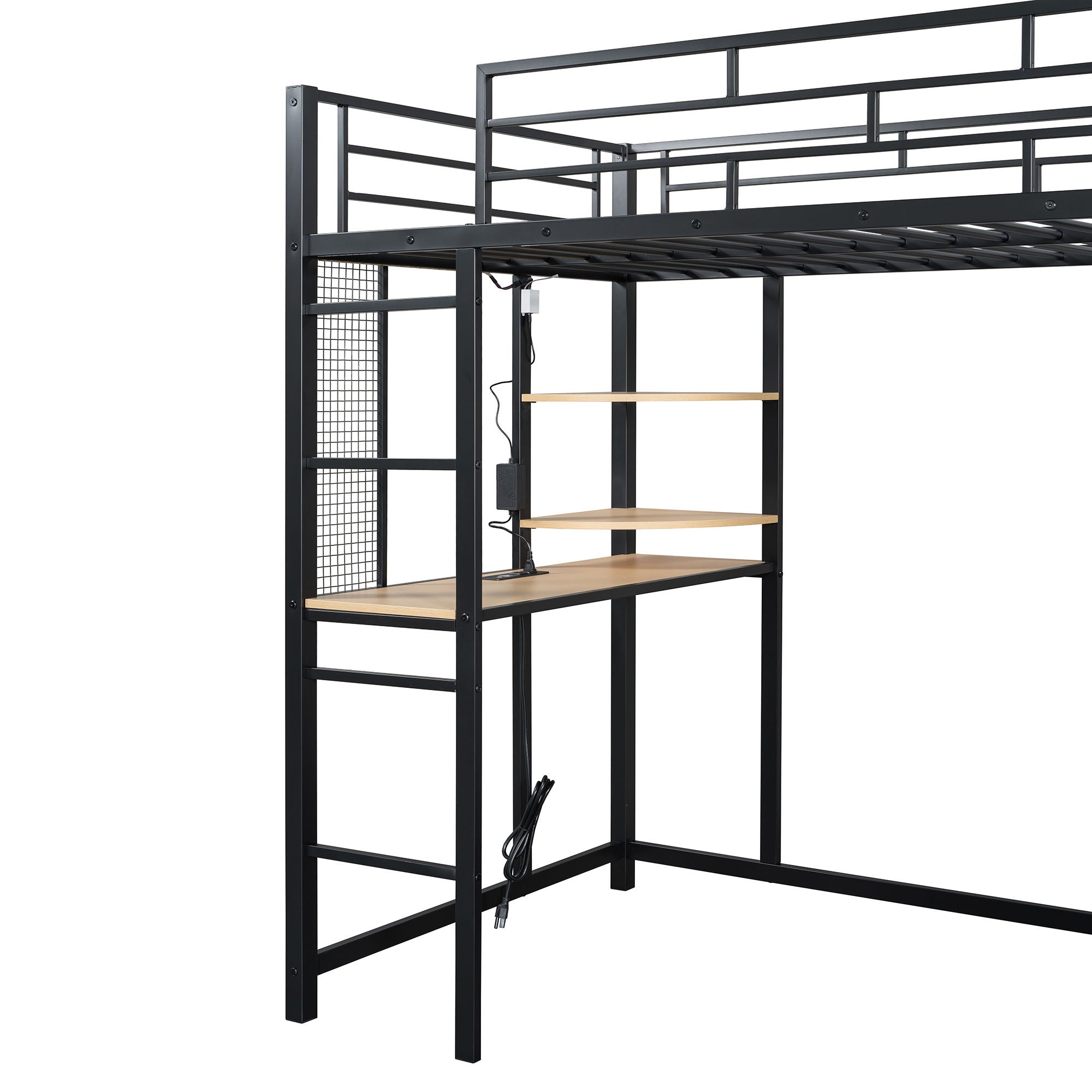 Loft Bed With Desk, Shelves, Power Outlet, LED Light And Wardrobe