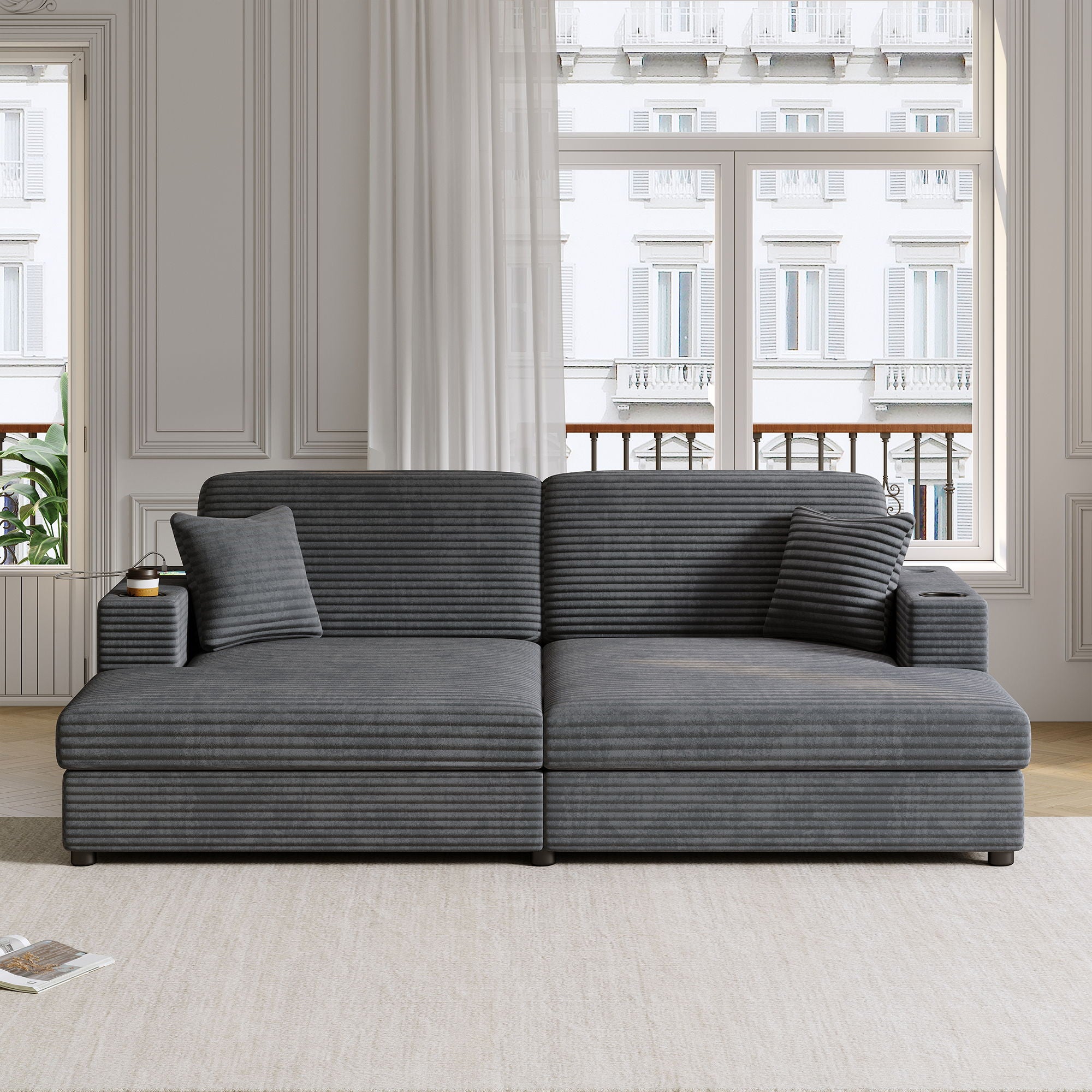 Oversized Loveseat Chaise With 2 USB Ports, 2 Cup Holders And 2 Throw Pillows