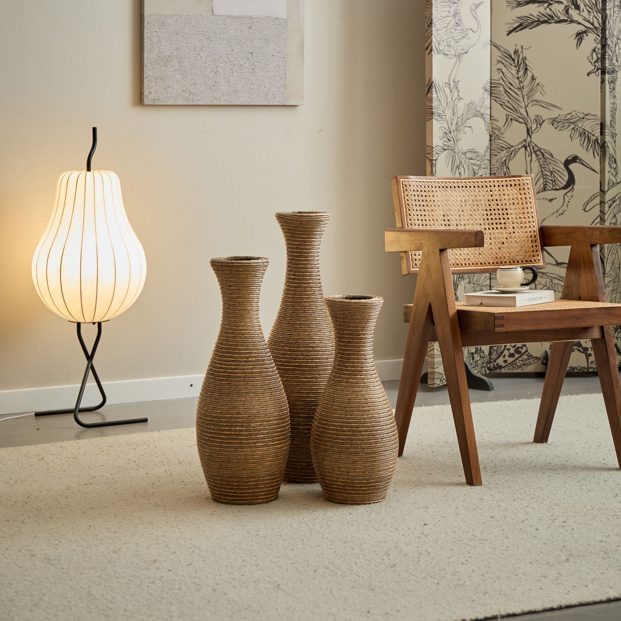 3 Piece Artificial Rattan Floor Vase Set Decorative Accent For Living Room, Hallway & Entryway, Ideal For Dried Or Silk Flower Arrangements - Beige