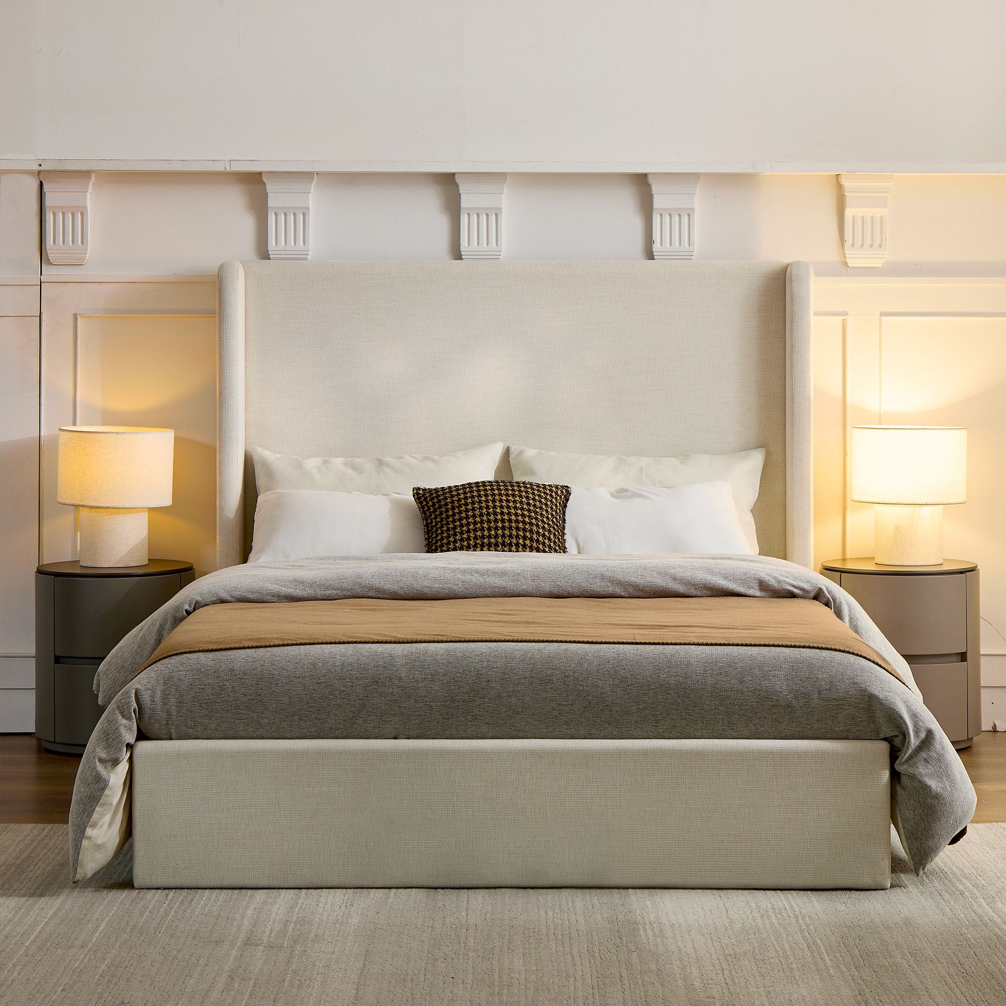 Caron - Upholstered Wingback Bed With High Headboard