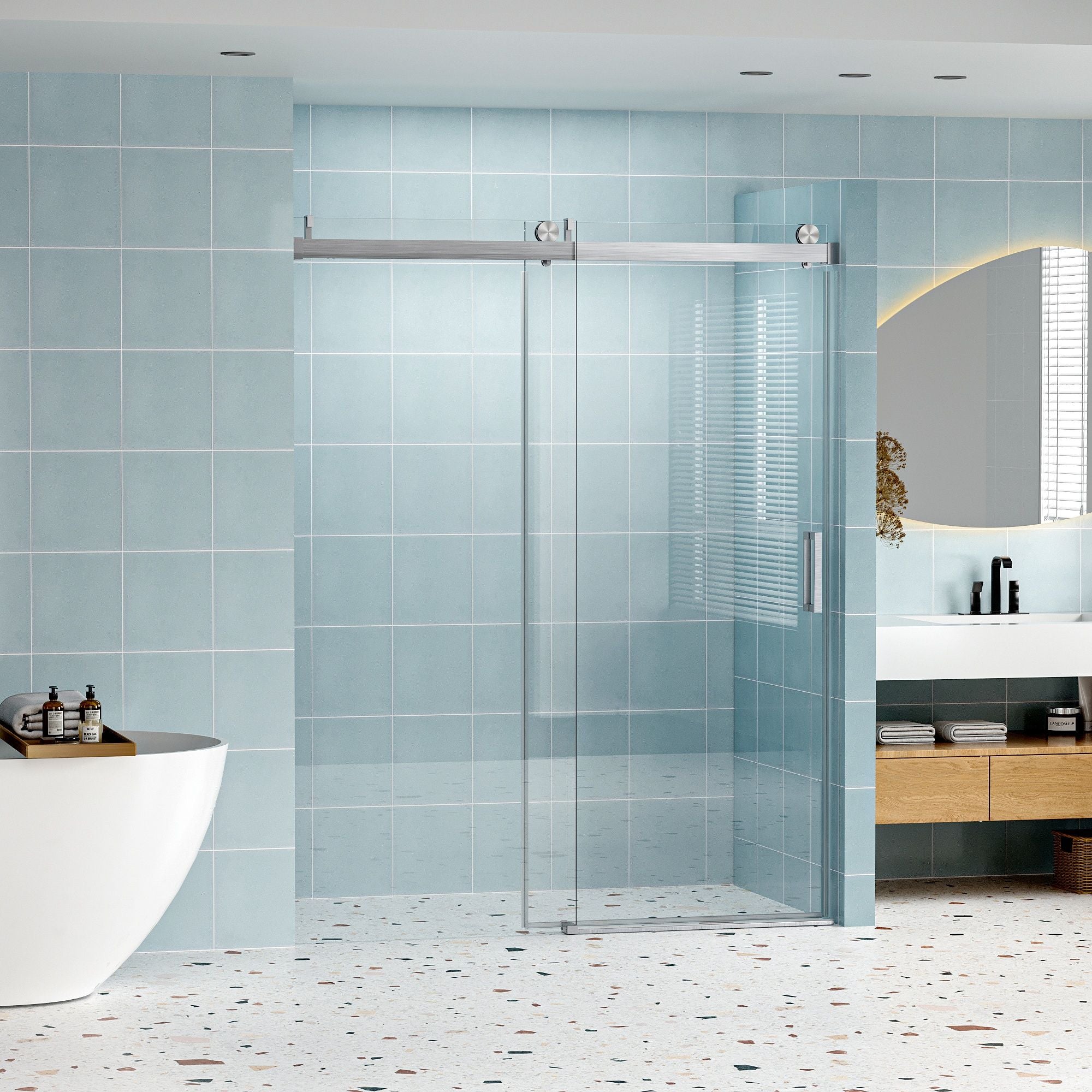 Frameless Soft-Closing Shower Door, 1/4" (6 Mm) Tempered Glass Single Sliding With Explosion Proof Coating
