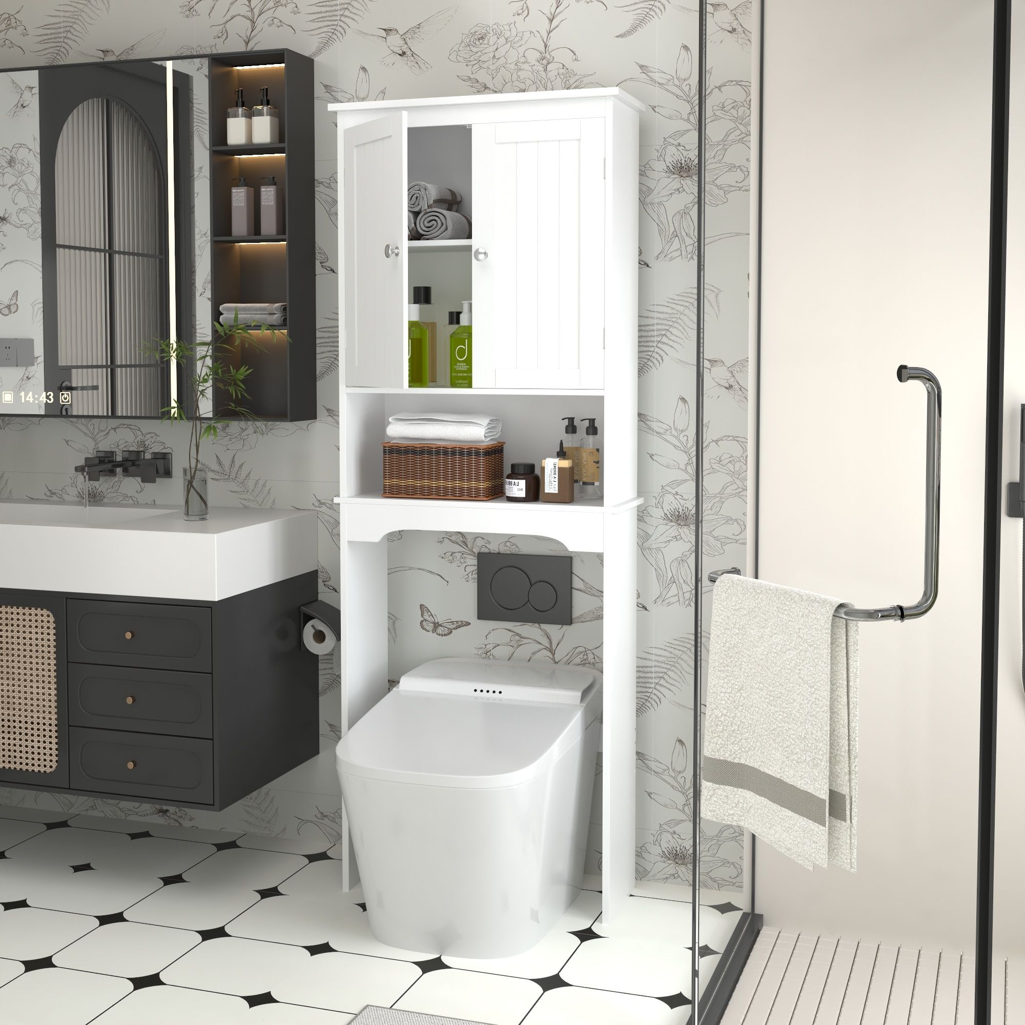 Over The Toilet Storage Cabinet, Bathroom Space Saver With Adjustable Shelf - White
