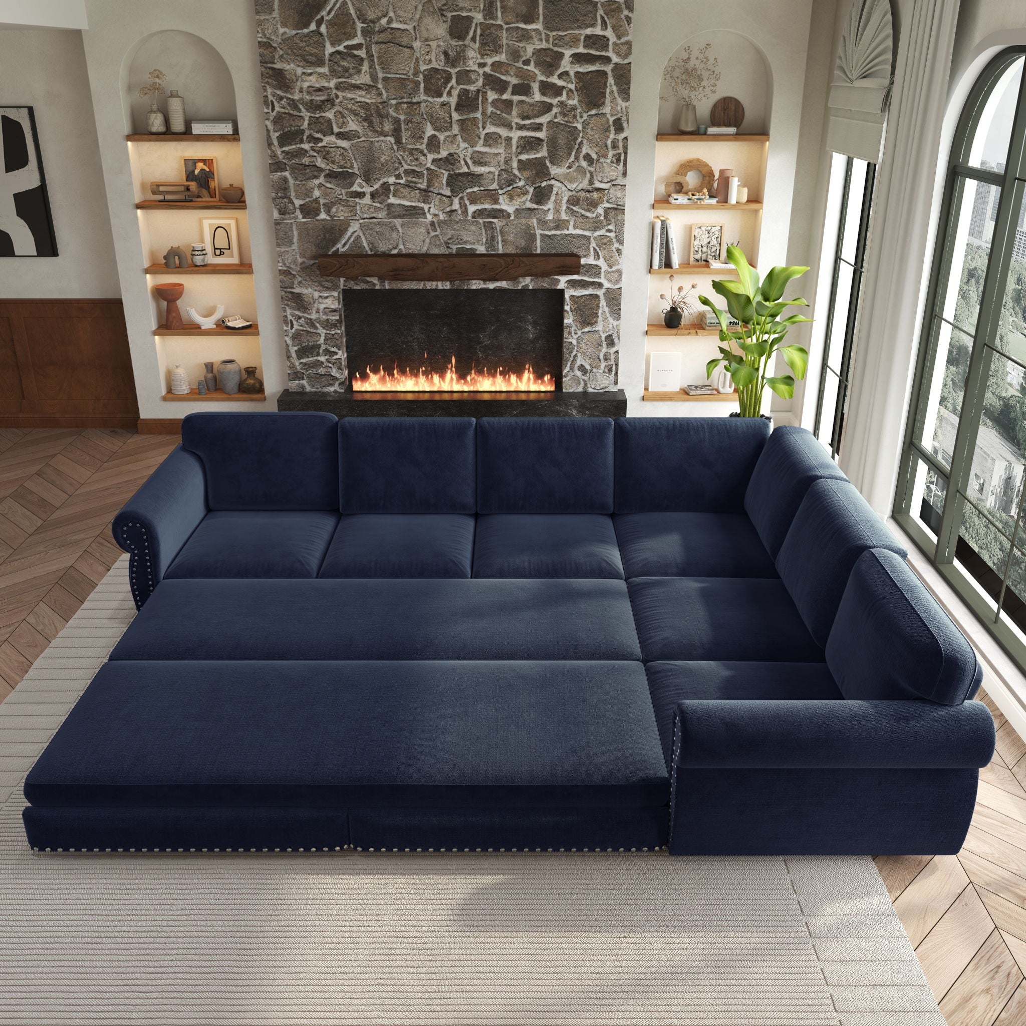 L-Shaped Sofa Couch With Pull Out Bed With Nailhead Trim & Rolled Arm