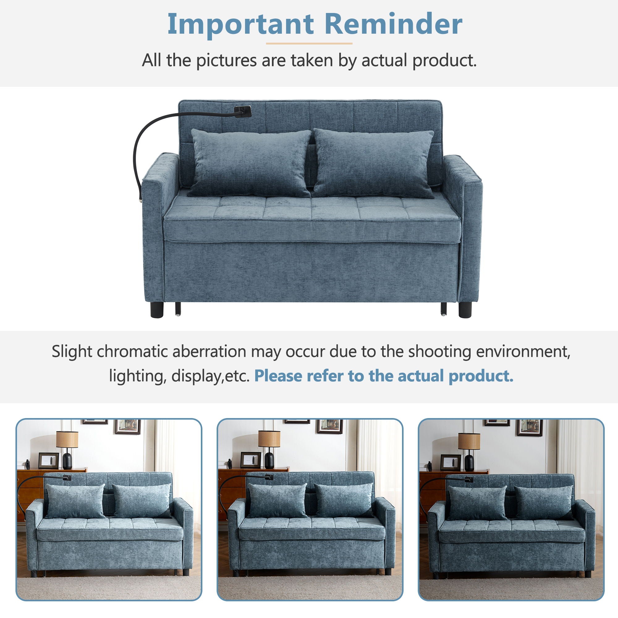Pull-Out Sleeper Sofa With Reversible Backrest Cushion, Side Pockets, 2 USB Ports And A Phone Holder For Living Room