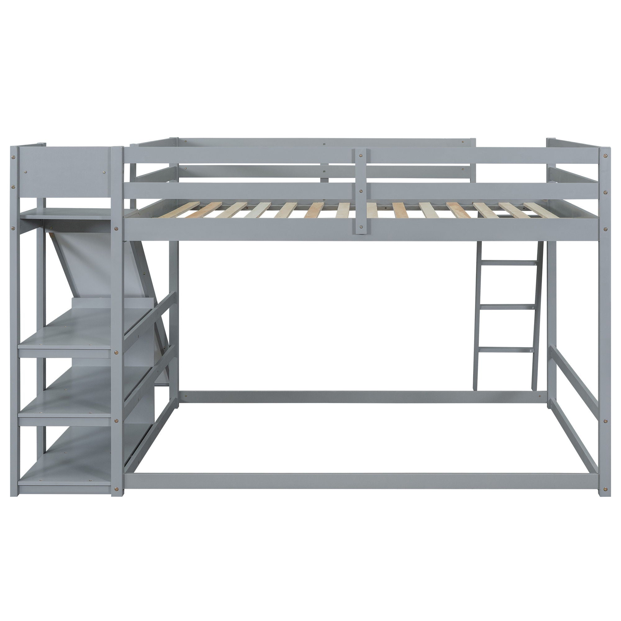 Bunk Bed With Ladder, Slide, And Shelves Pine Wood
