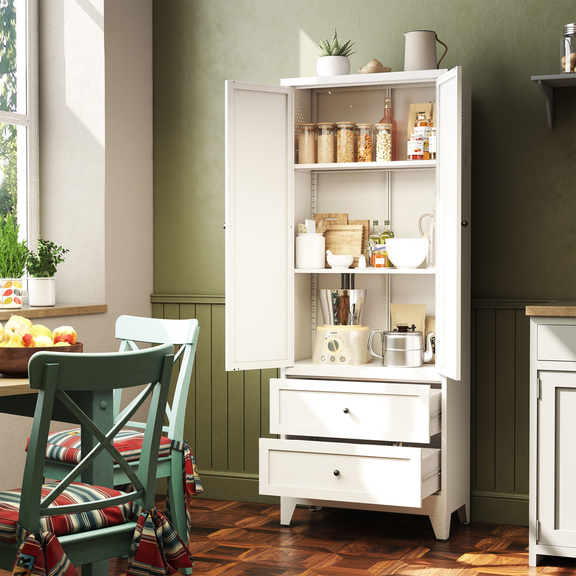 Pantry Cabinet With 2 Drawers, Adjustable Shelves, Freestanding Kitchen Storage Organizer - White