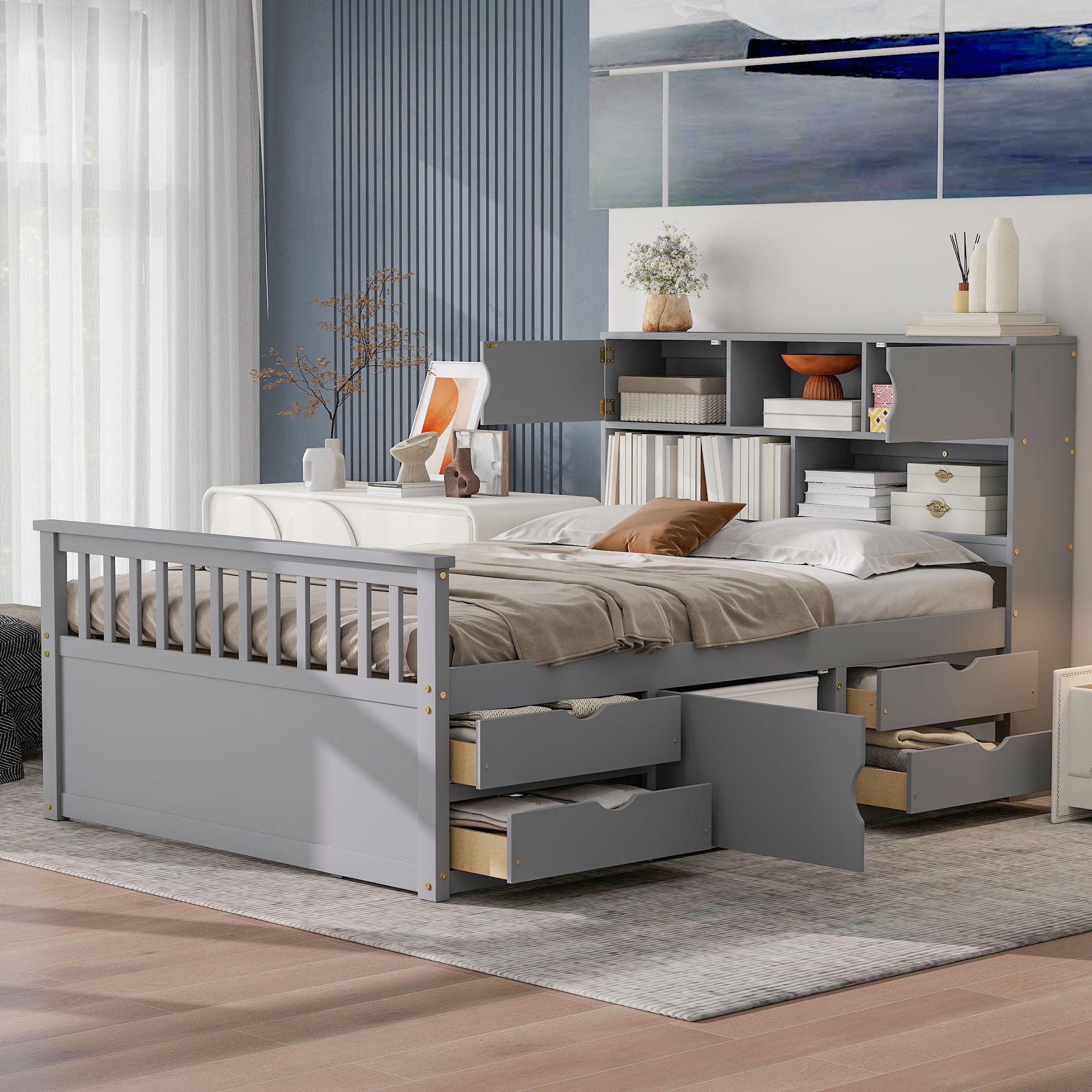 Captain Platform Bed Frame With Bookcase Headboard, 4 Drawers, Storage Shelves