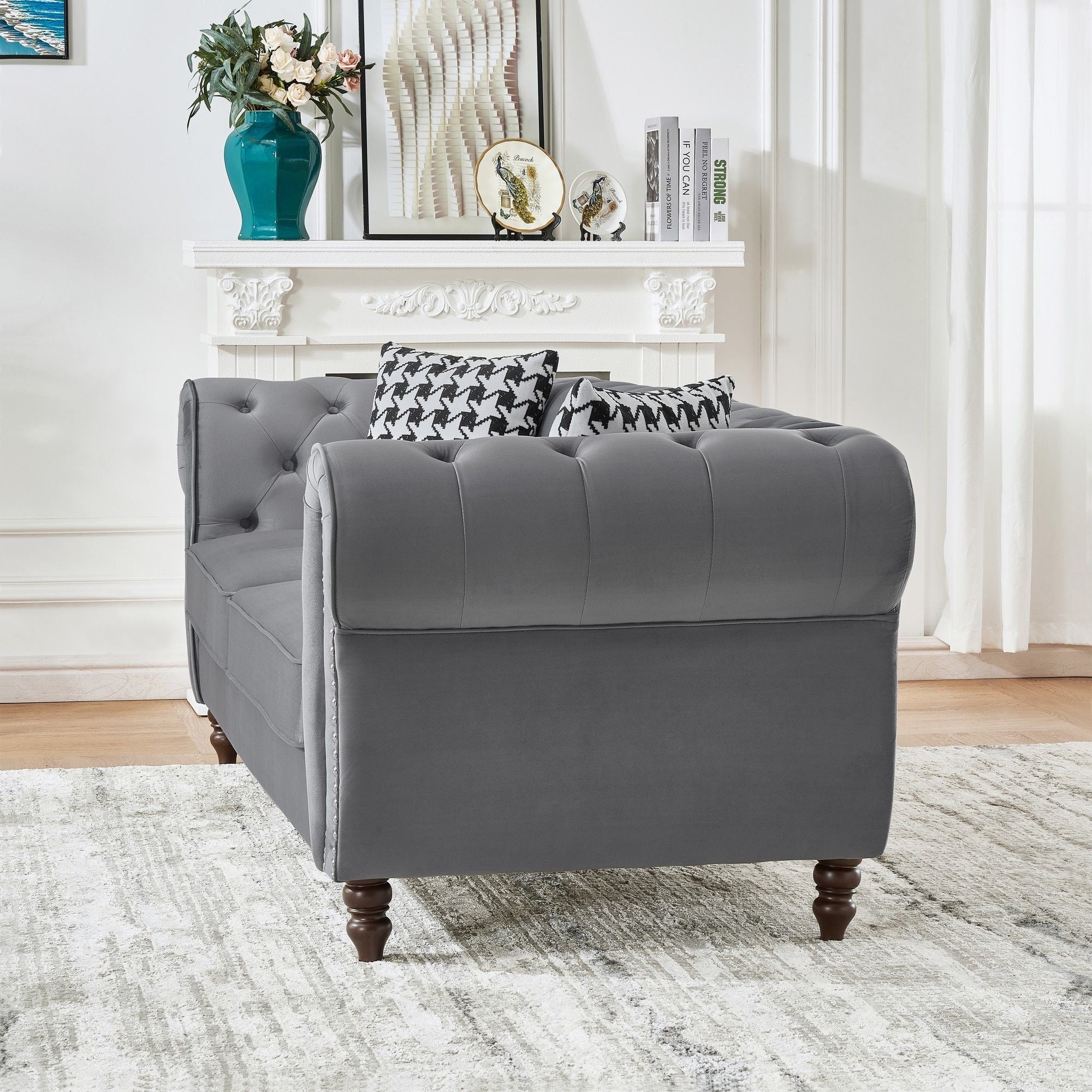 Chesterfield Upholstery Fabric Sofa With Roll Armrest & Nailhead, Mid Century Modern 3 And 3 Seater Couch