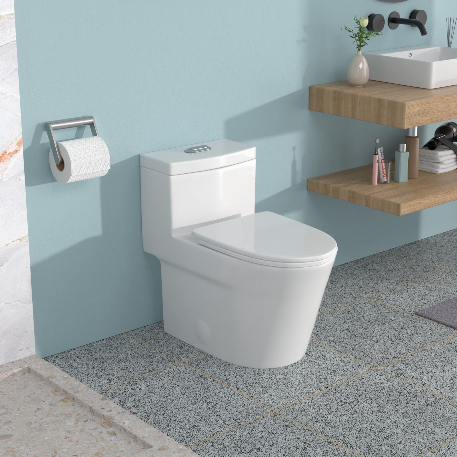 1 Piece Toilet For Bathroom, Dual Flush 1.24 / 1.43 Gpf, Soft Closing Seat - White