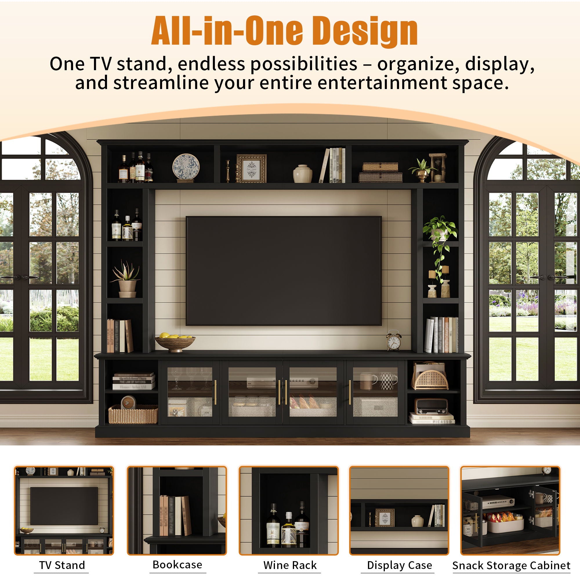 All-In-One Entertainment Center With Bookshelves & Tempered Glass Doors, TV Console Unit For Living Room