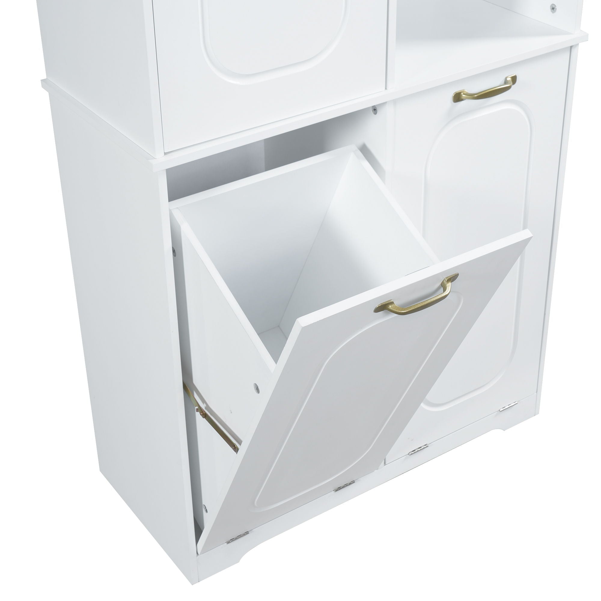 Freestanding Tall Storage Cabinet With 2 Tilt Out Hampers, Adjustable Shelves, Soft Close Door, Door Mounted Organizer - White