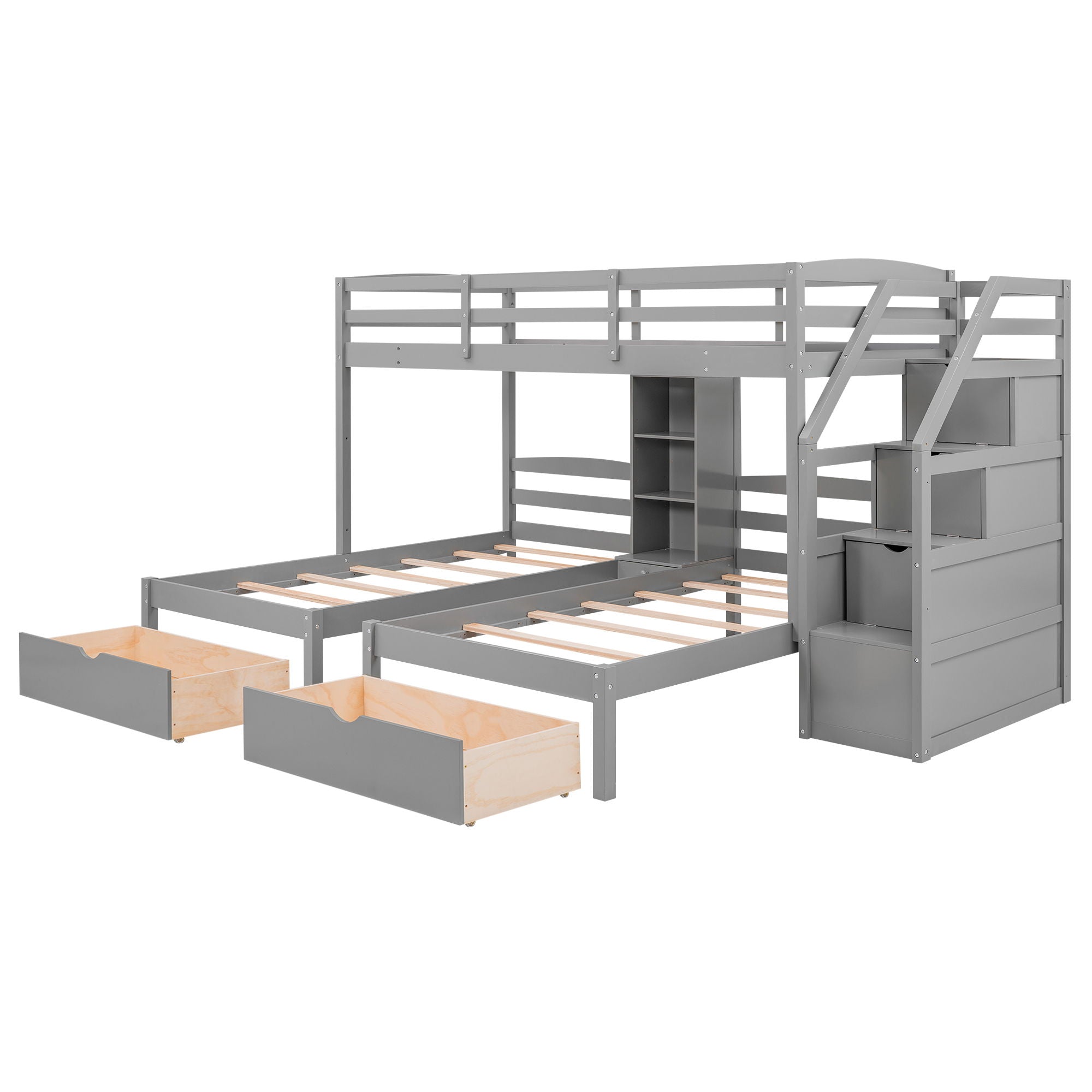 Twin Over Twin & Twin Bunk Bed With Drawers, Staircase Storage, Built In Shelves - Gray