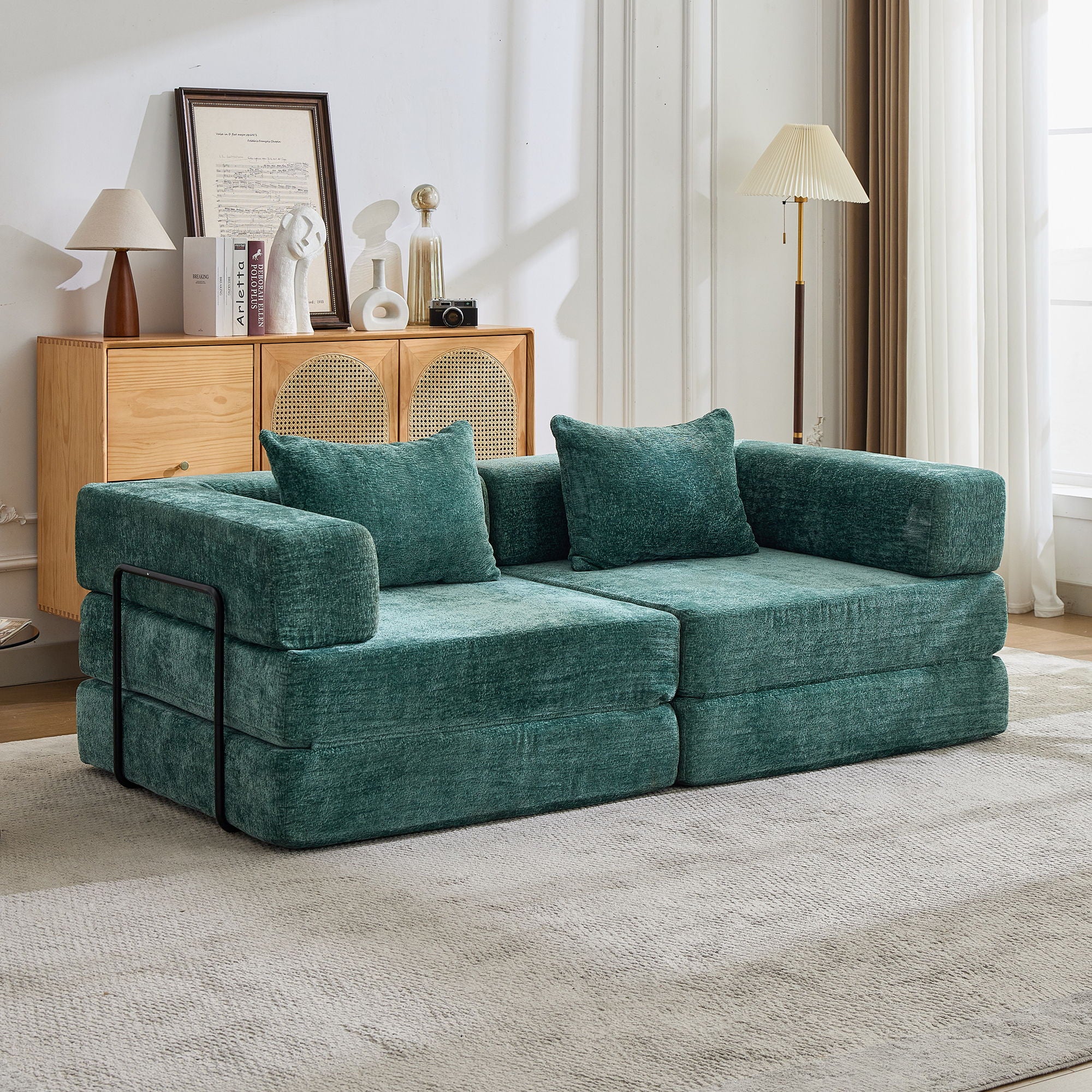 Convertible Floor Sofa Bed With Pillow Back Support Armrest