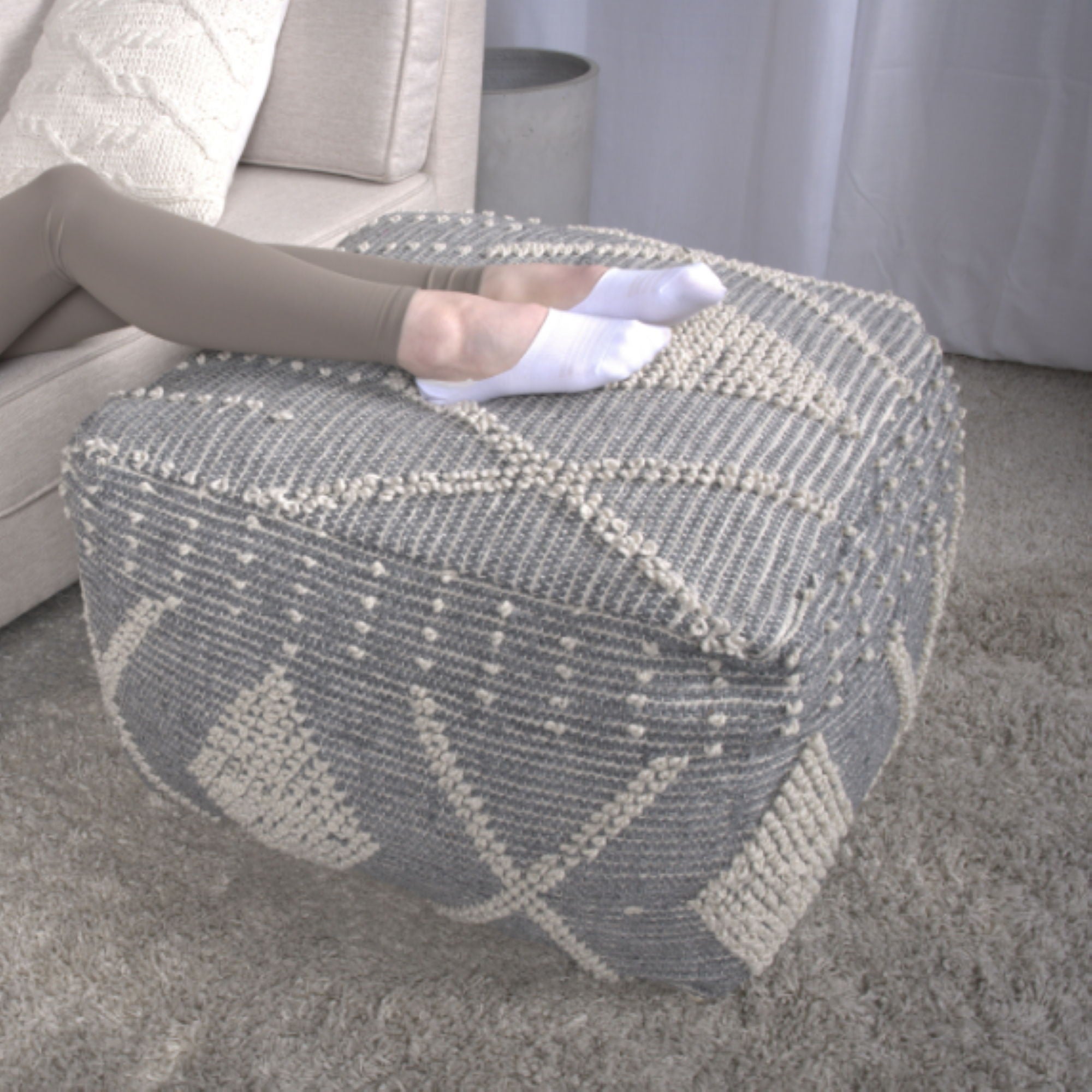 Diamond - Handcrafted Faux Yarn Pouf - Ivory / Gray