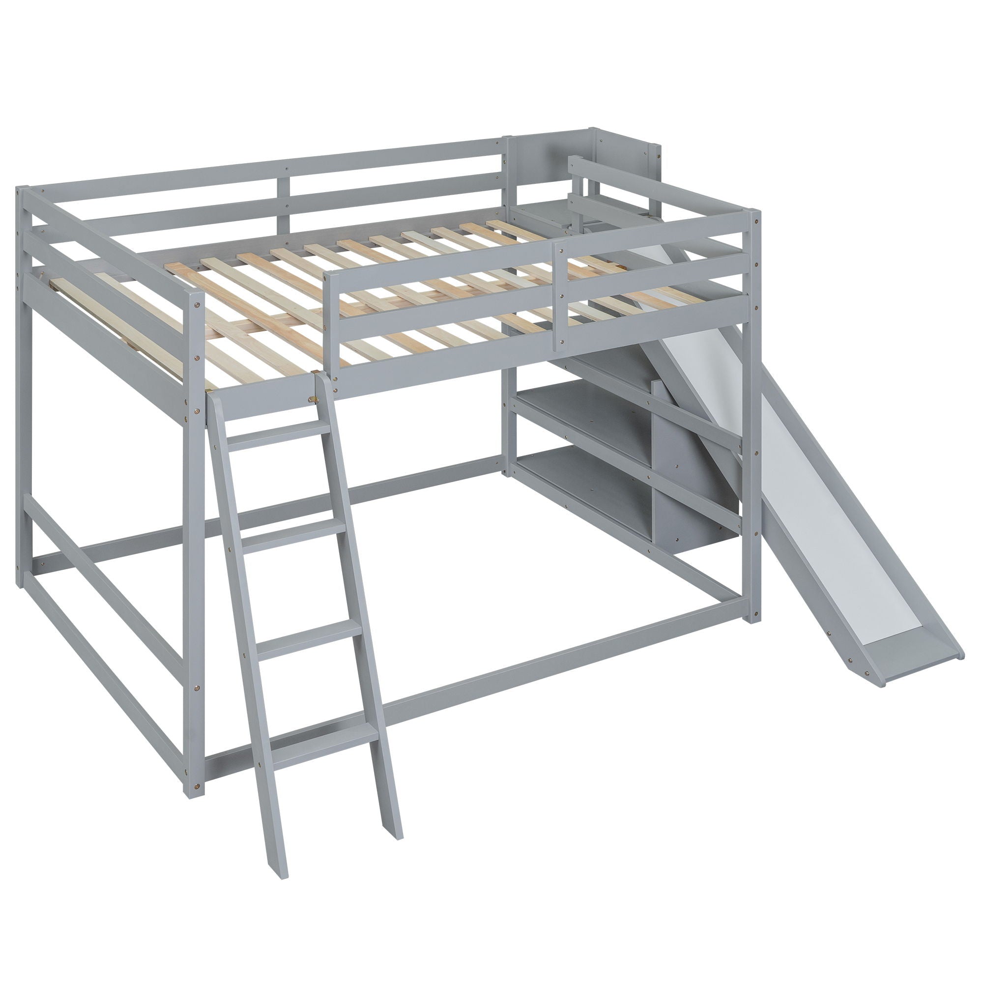 Bunk Bed With Ladder, Slide, And Shelves Pine Wood