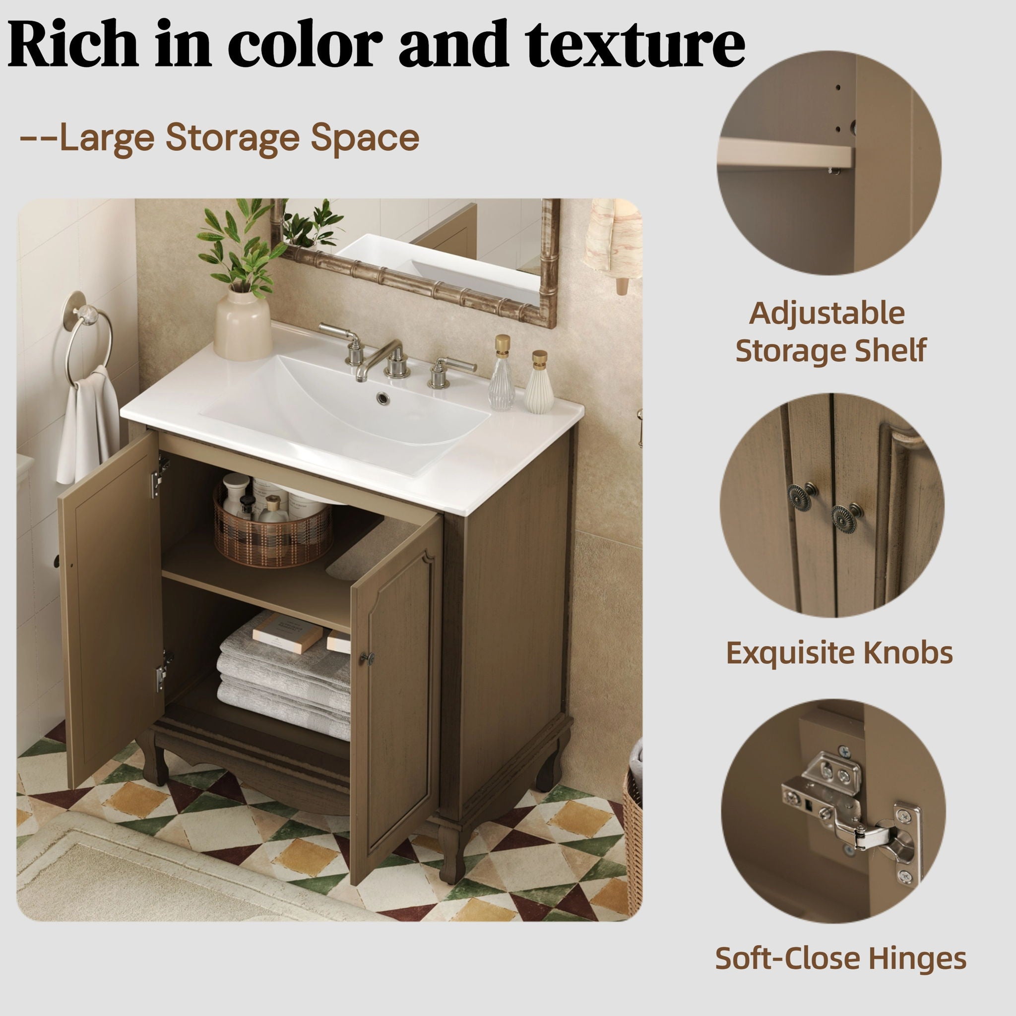 Vintage Bathroom Vanity With Ceramic Sink, Adjustable Shelves