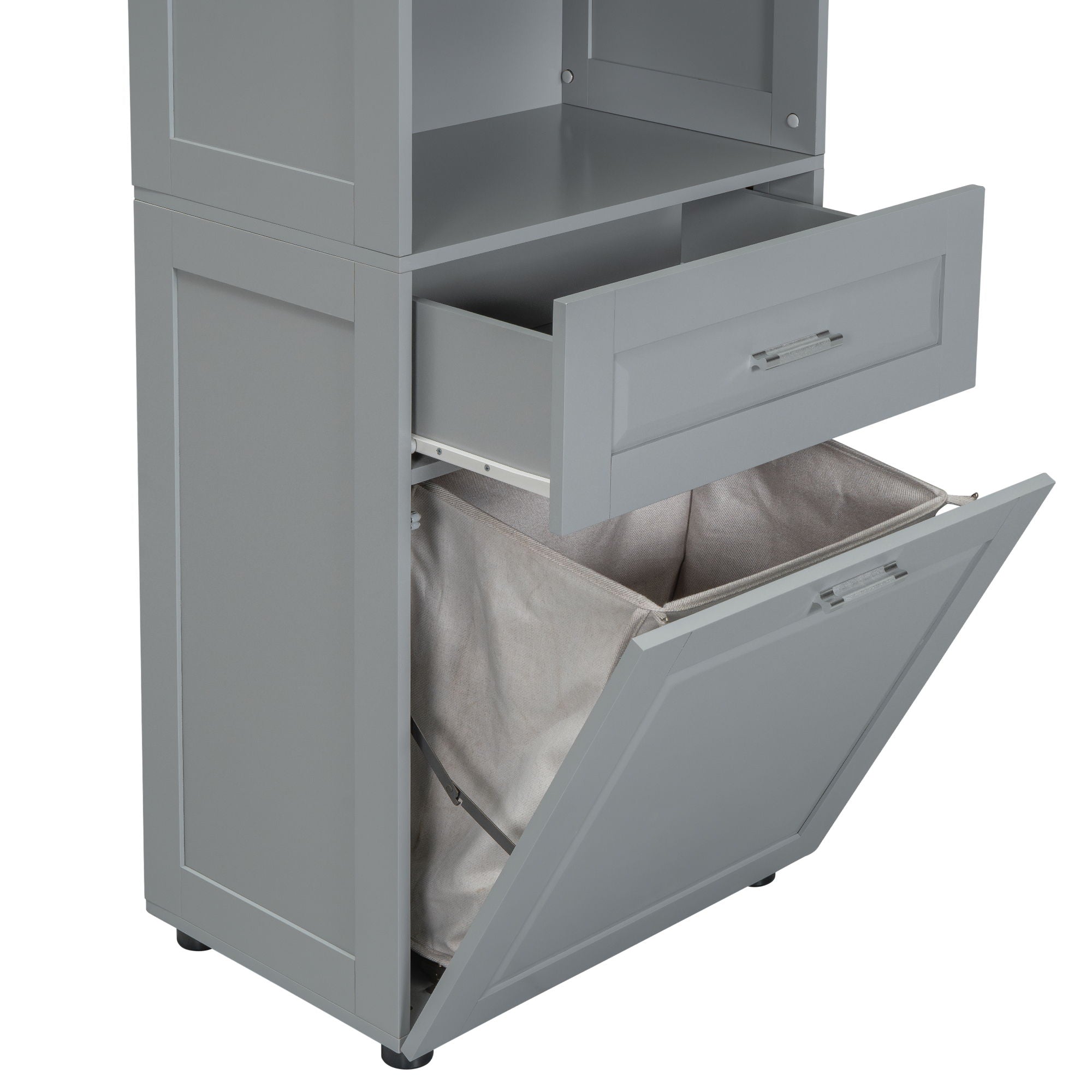 Tall Bathroom Cabinet With Tilt-Out Laundry Basket And Upper Storage