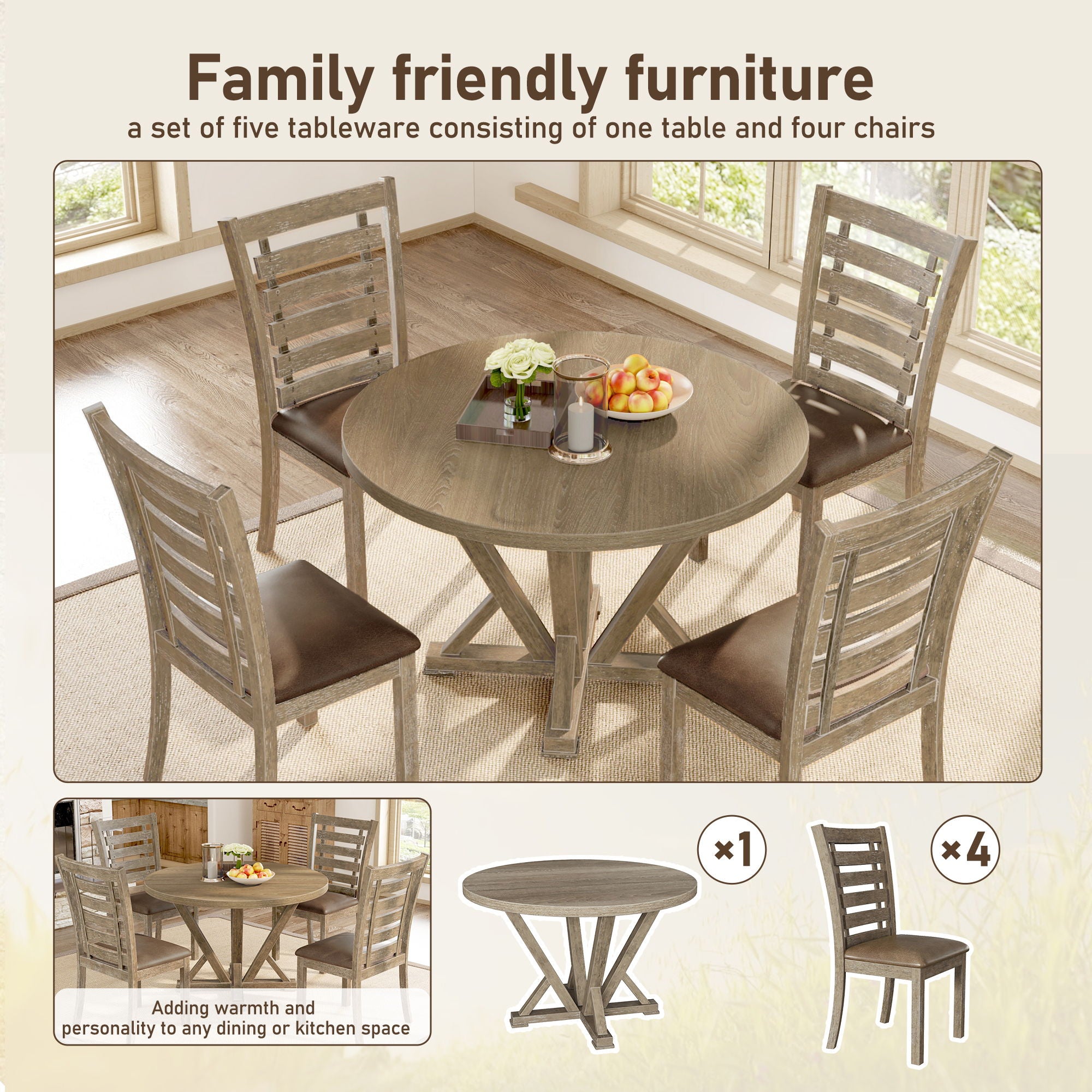 5 Pieces Table Set Round Dining Table Solid Wood Modern Farmhouse Rustic Look Distressed Look - Grayish Brown