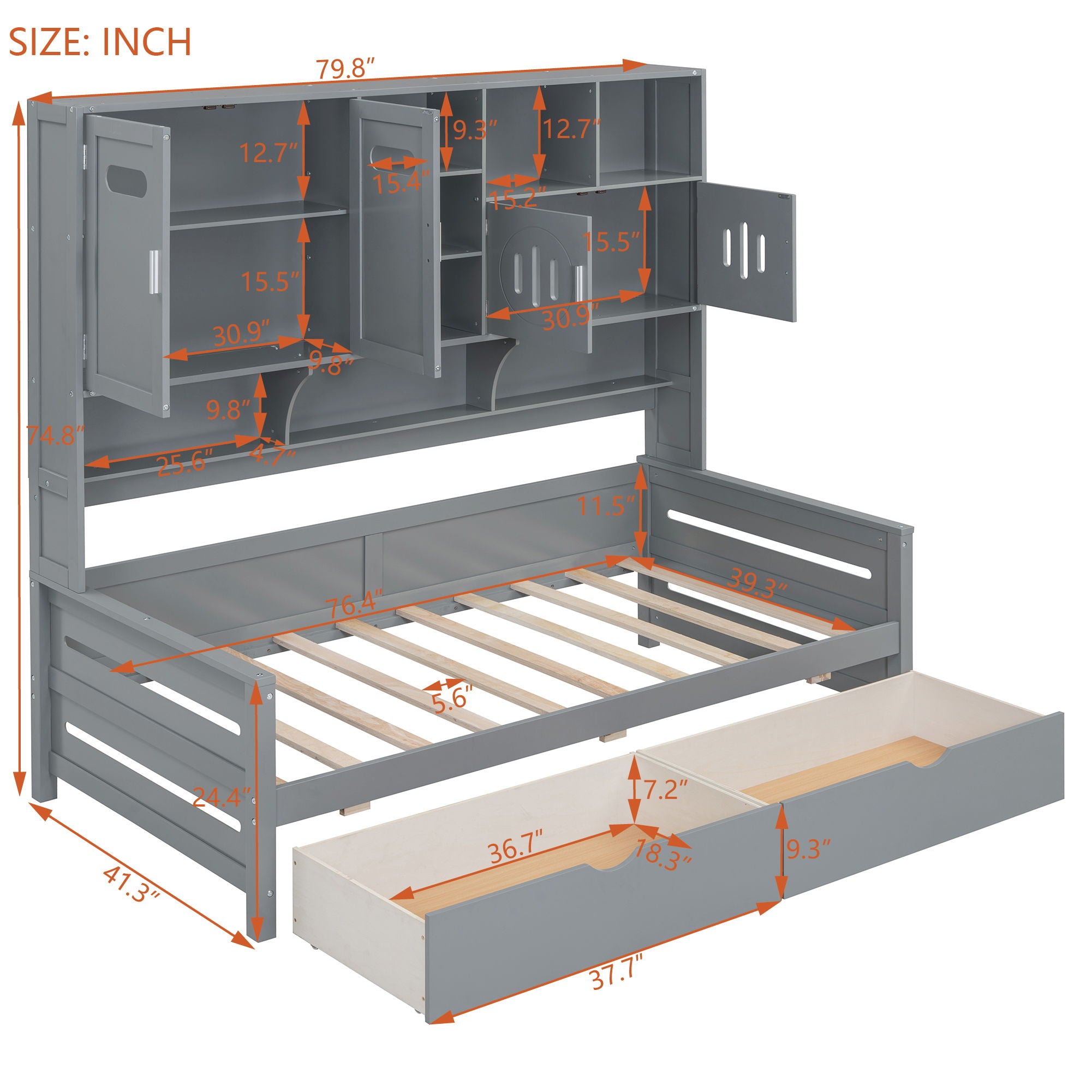 Daybed With All-In-One Cabinet And Shelf