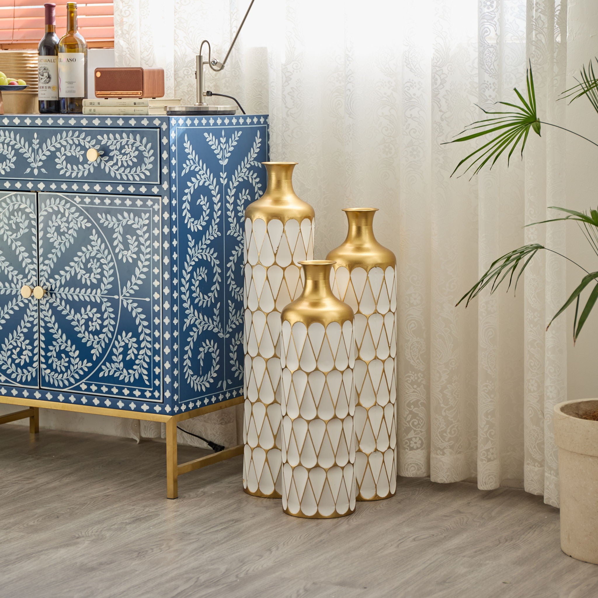 Floor Metal Vase Modern Style Decoration Home Droplet Shaped Metal Vase 3 Piece Set Gorgeous Home Decoration Large Glazed Metal Vase - Gold / White