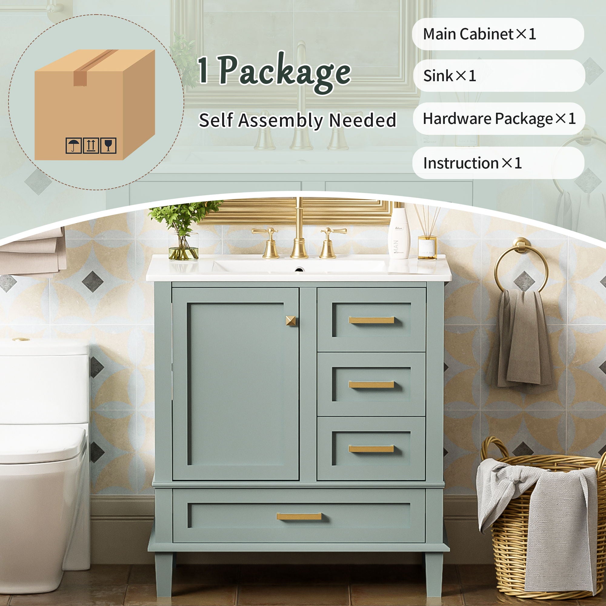 Bathroom Vanity, Modern Bathroom Cabinet With Sink Combo Set, Bathroom Storage Cabinet With A Soft Closing Door And 3 Drawers, Solid Wood Frame