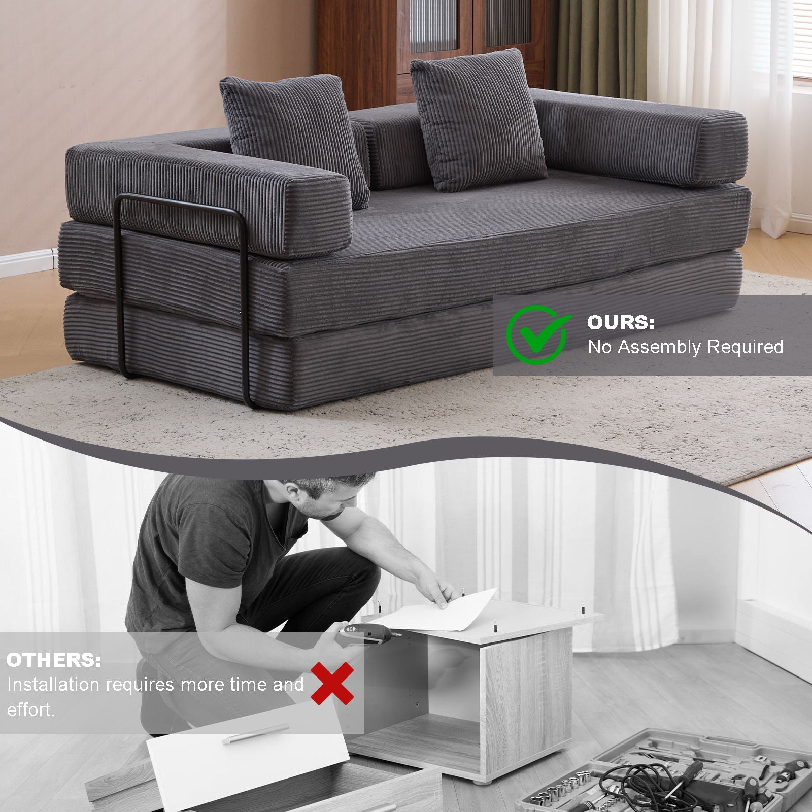 Floor Couch, Convertible Floor Sofa Bed With Pillow Back Support Armrest
