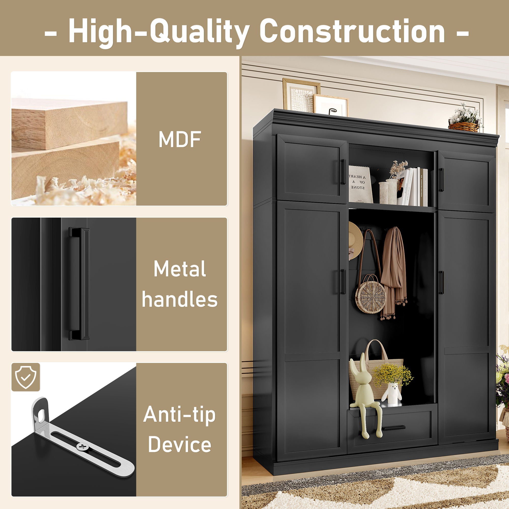 Hall Tree With Bench And 3 Hooks, Modern Entryway Storage Organizer Cabinet With 4 Doors, 1 Drawer And Adjustable Shelves