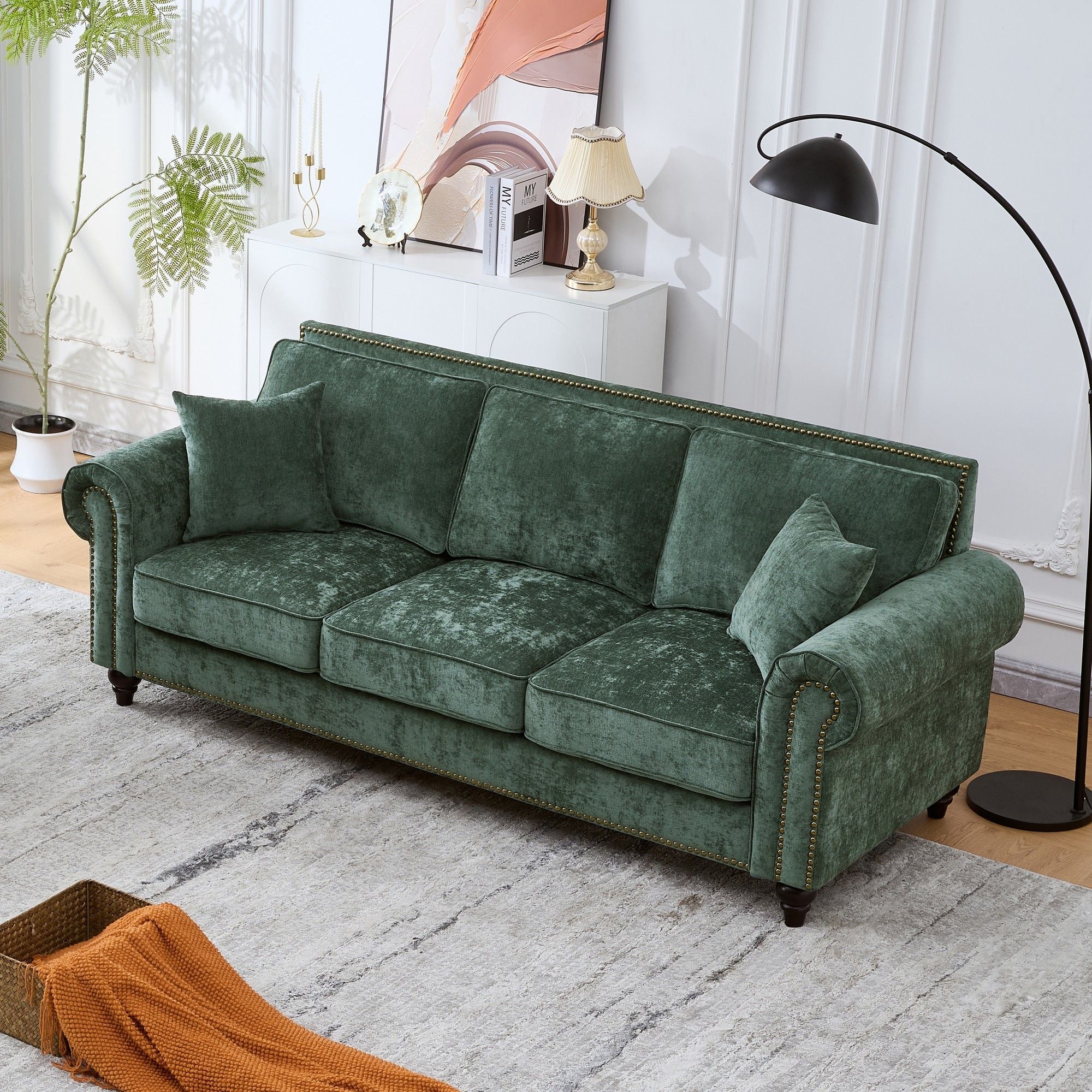 3 Seater Sofa With Tufted Upholstery, Rolled Arms, Nailhead Trim