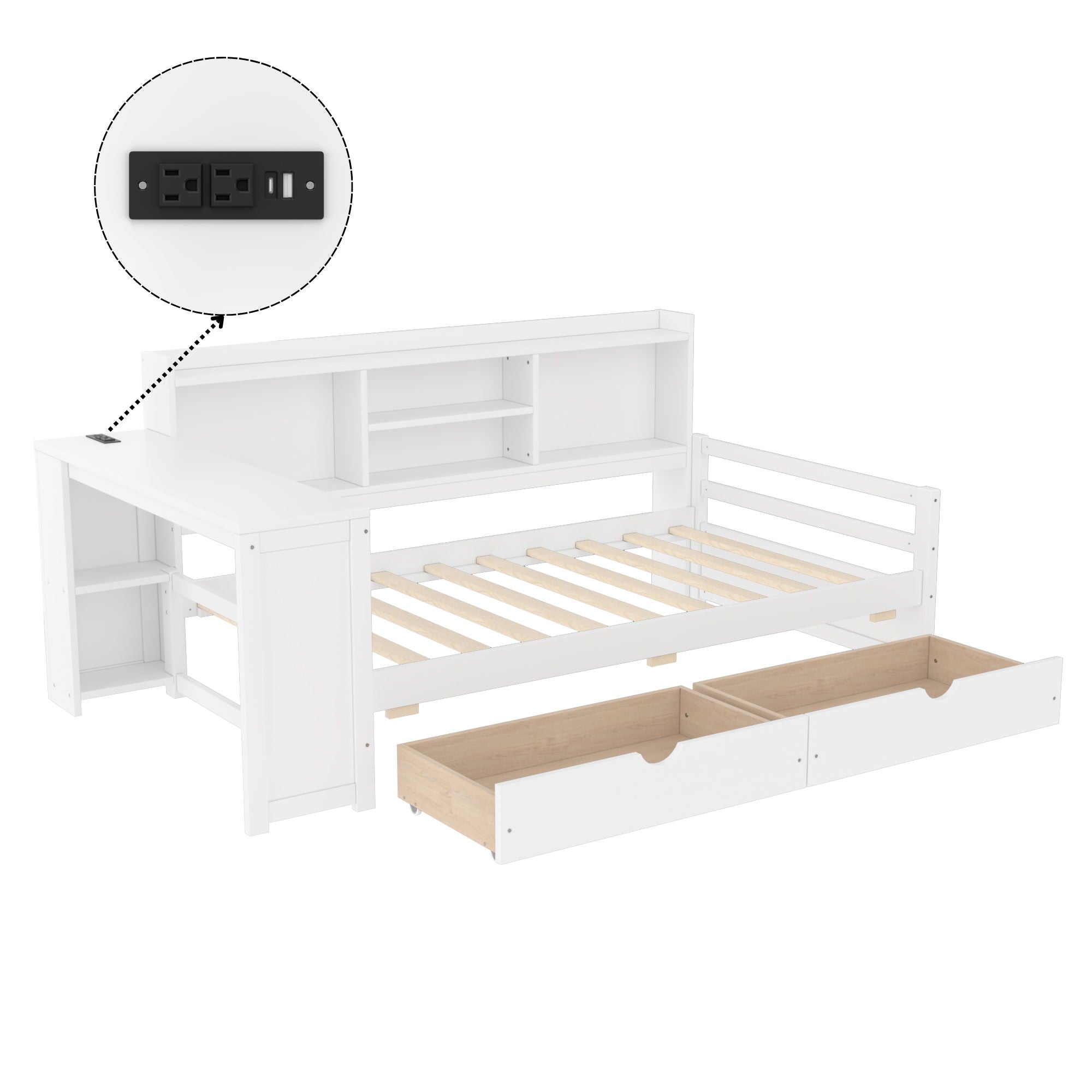 Corner Daybed With Storage Drawers, Desk, Charging Port & Bookcase