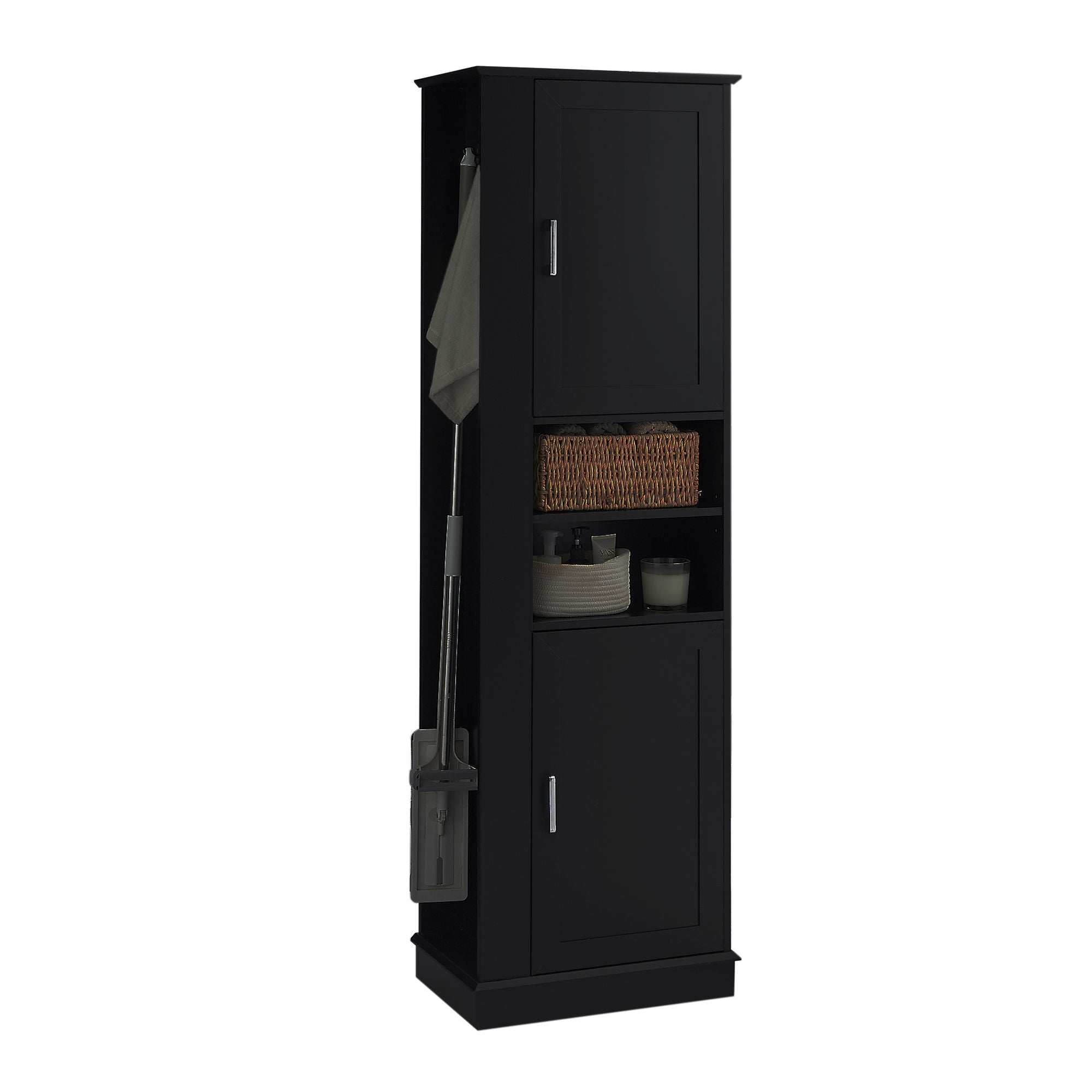 Tall Freestanding Bathroom Storage Cabinet With Adjustable Shelves And Side Hooks Board, Rectangle Design